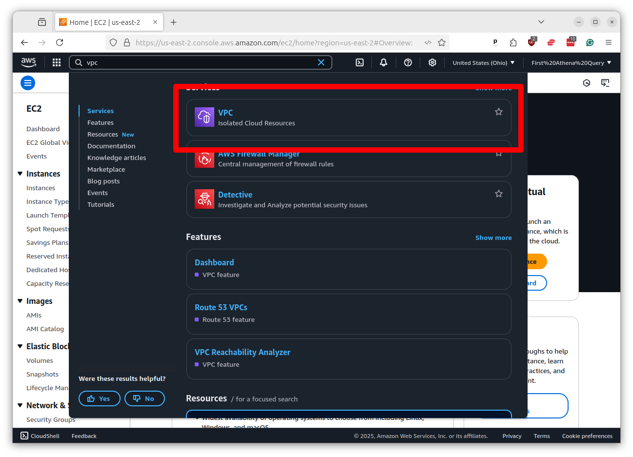 AWS console search bar with VPC entered and VPC service result displayed