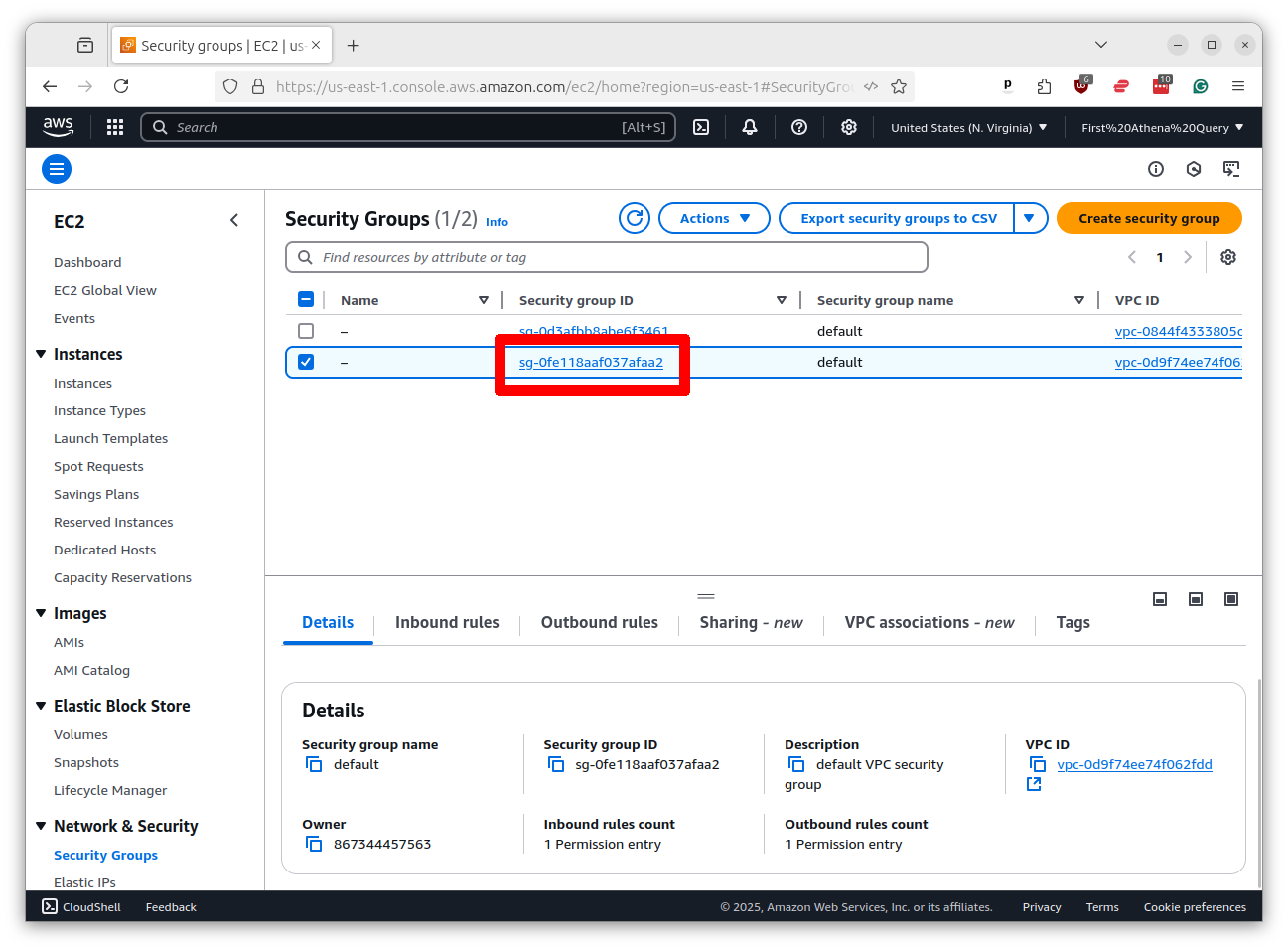 List of security groups showing group names, IDs, and VPC associations