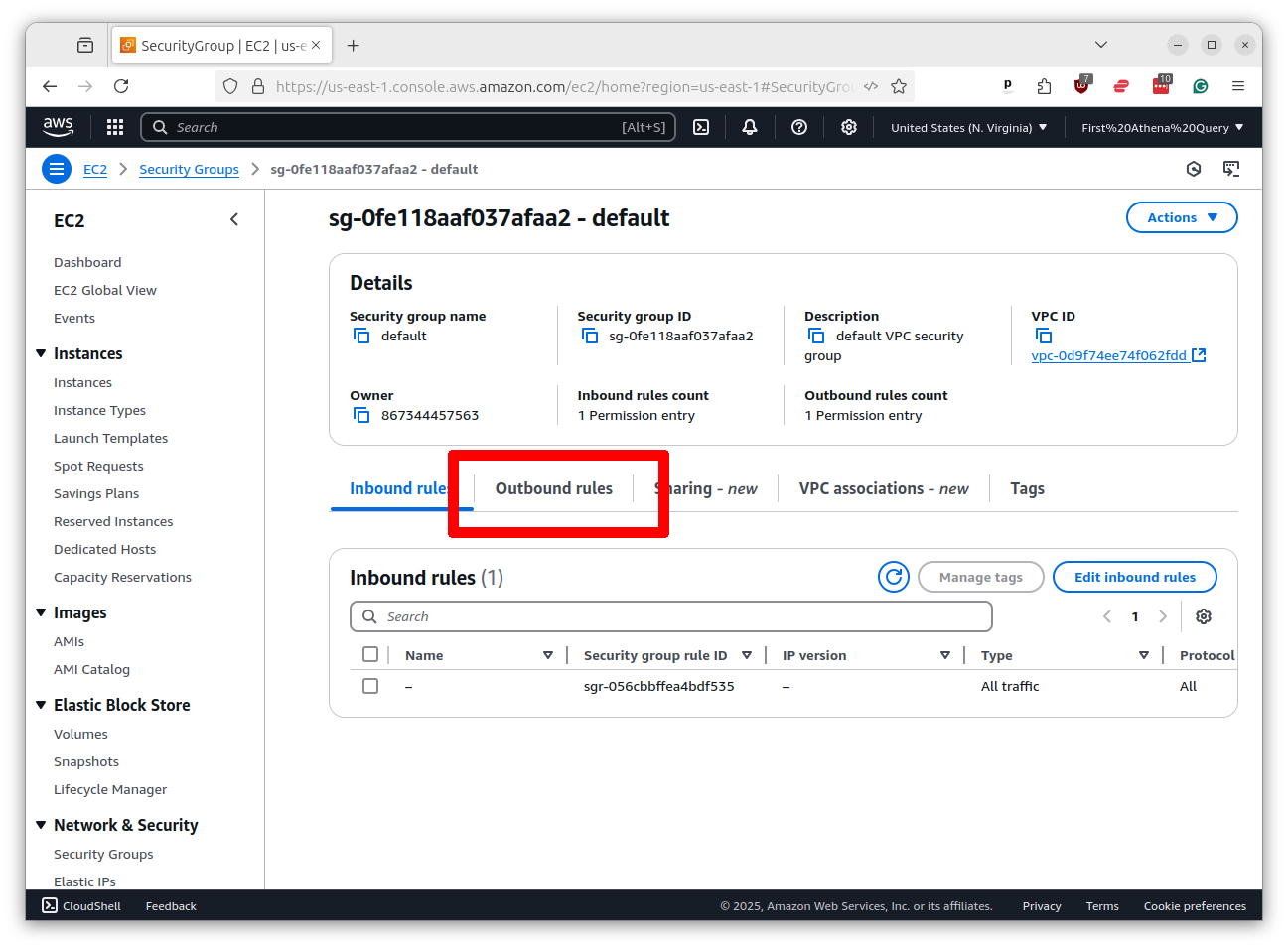 Security group details page with tabs showing Inbound rules and Outbound rules