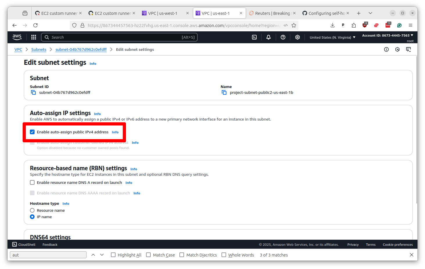Subnet settings form with Enable auto-assign public IPv4 address checkbox selected