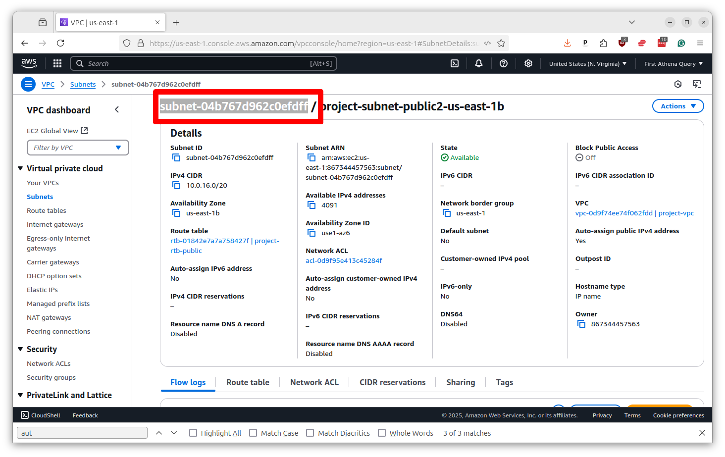 Subnet details page highlighting the Subnet ID value to copy
