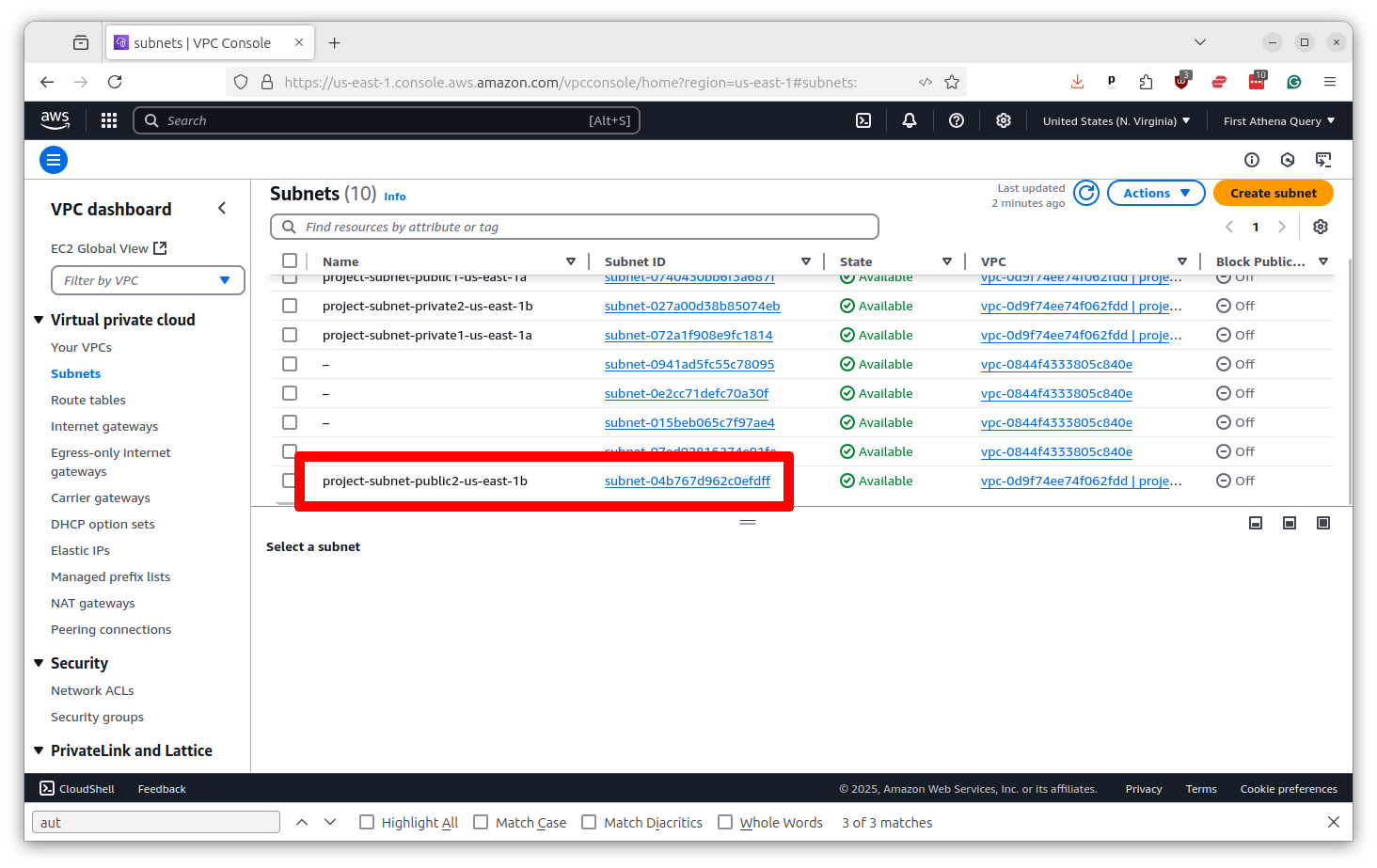 List of VPC subnets showing multiple public and private subnets