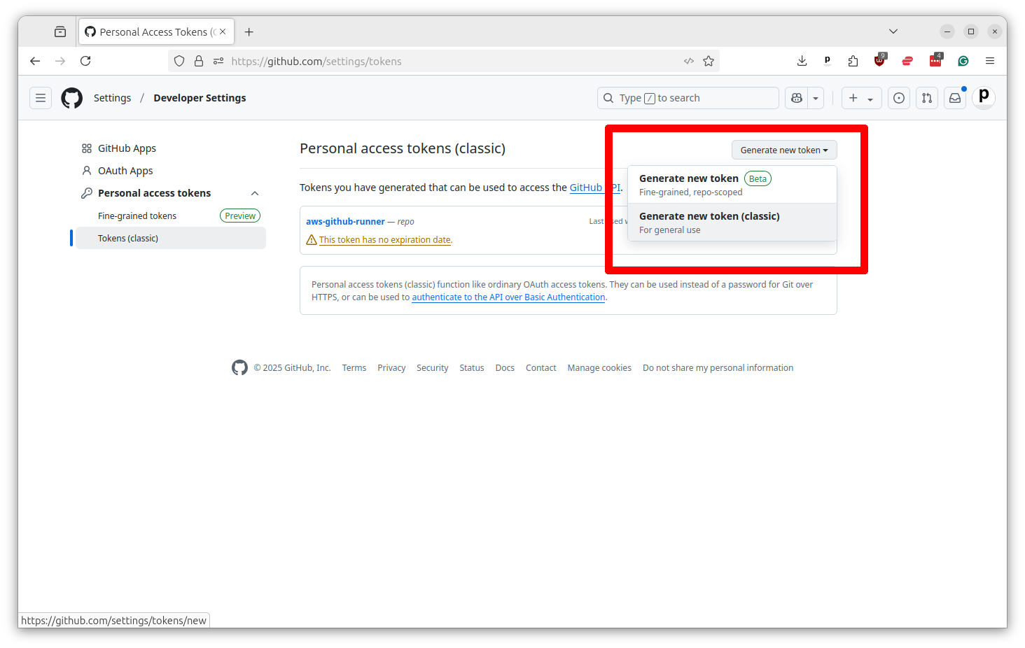 GitHub Generate new token dropdown menu showing classic and fine-grained token options