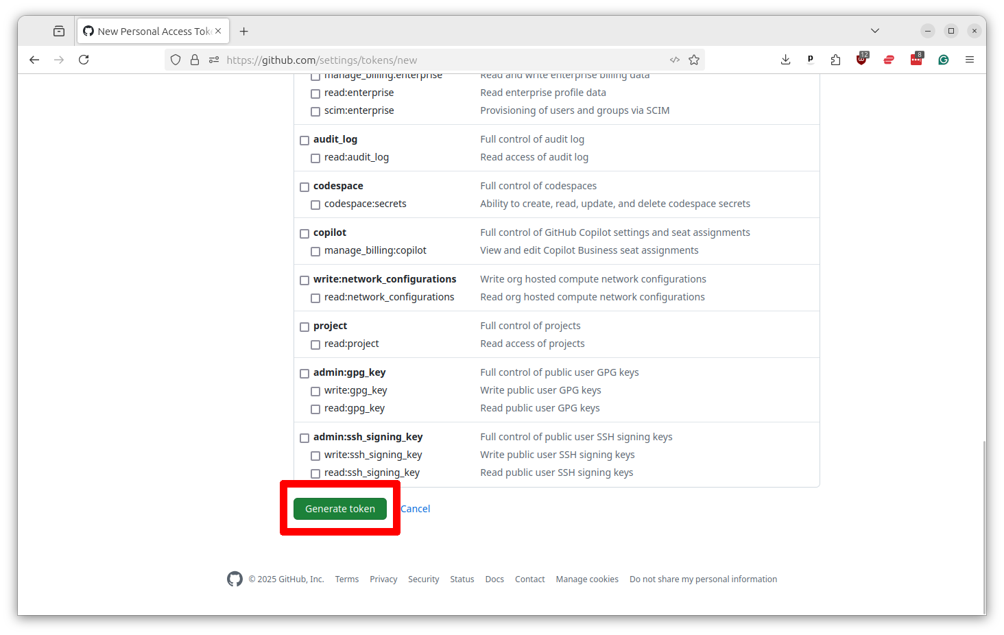 Bottom of personal access token form showing Generate token button