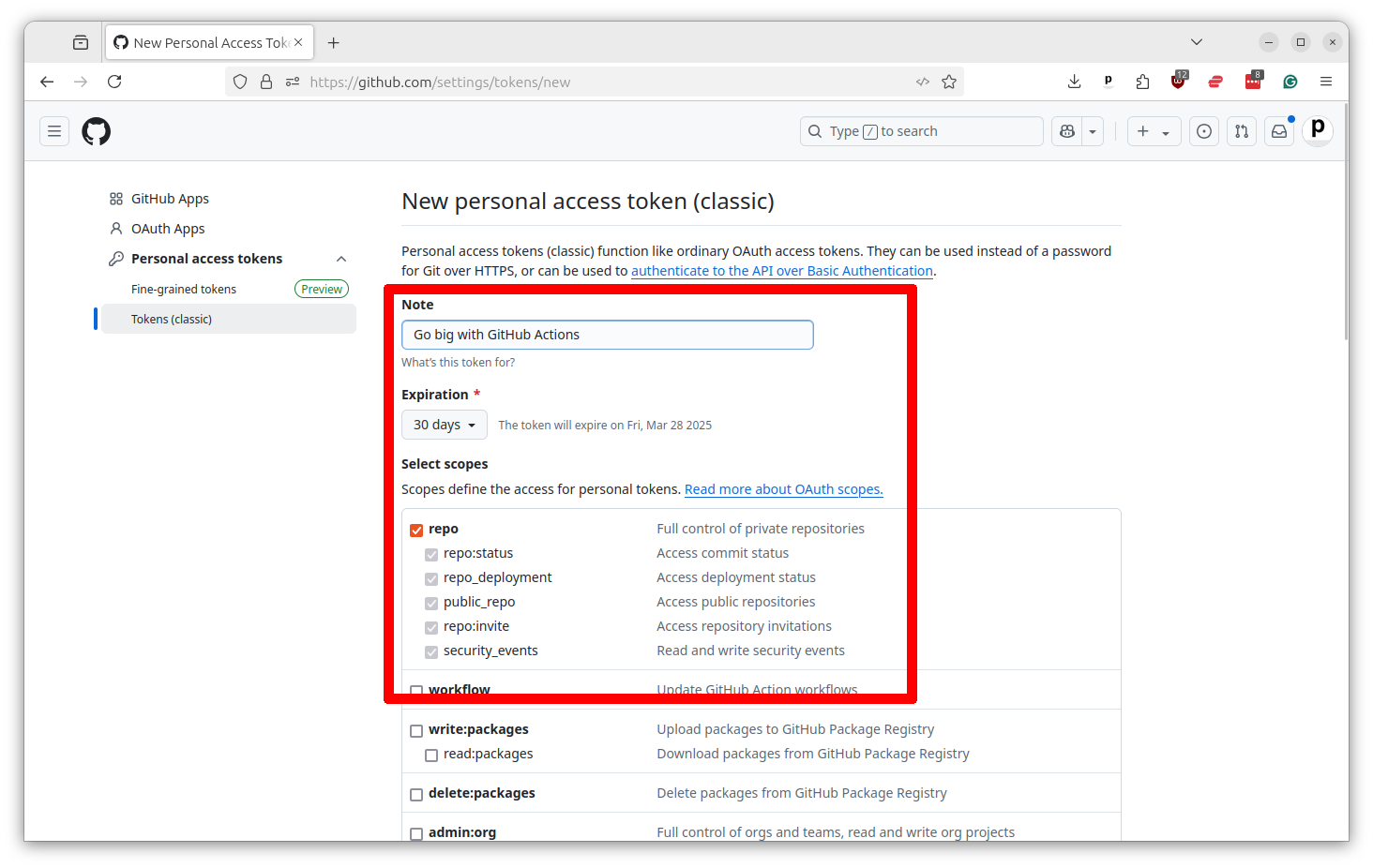 GitHub new personal access token form with token name field, expiration dropdown, and repo permission checkbox