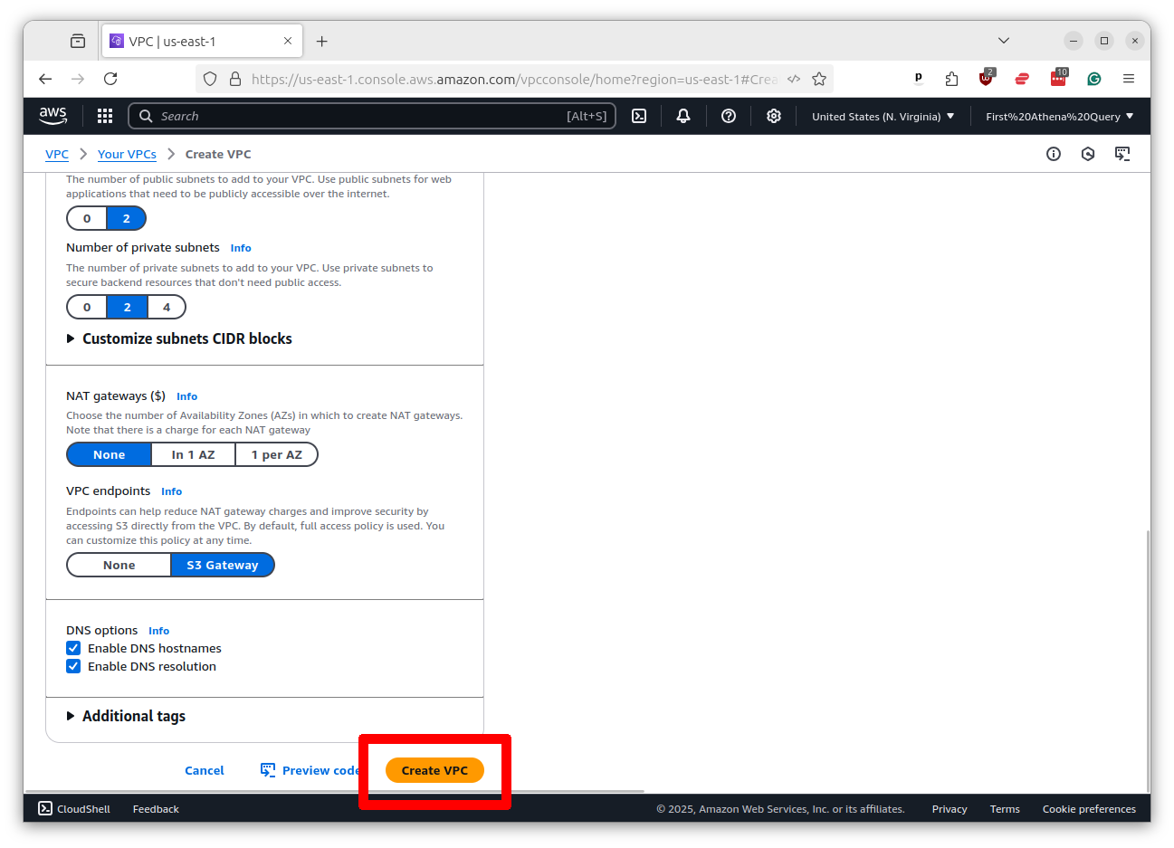 VPC creation form showing configuration options and Create VPC button at bottom