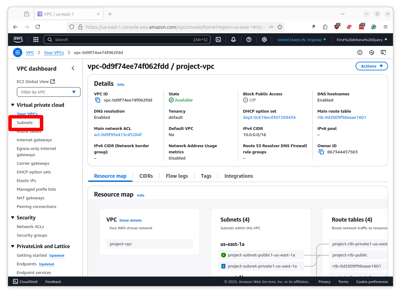 VPC details page with Subnets option highlighted in left sidebar navigation