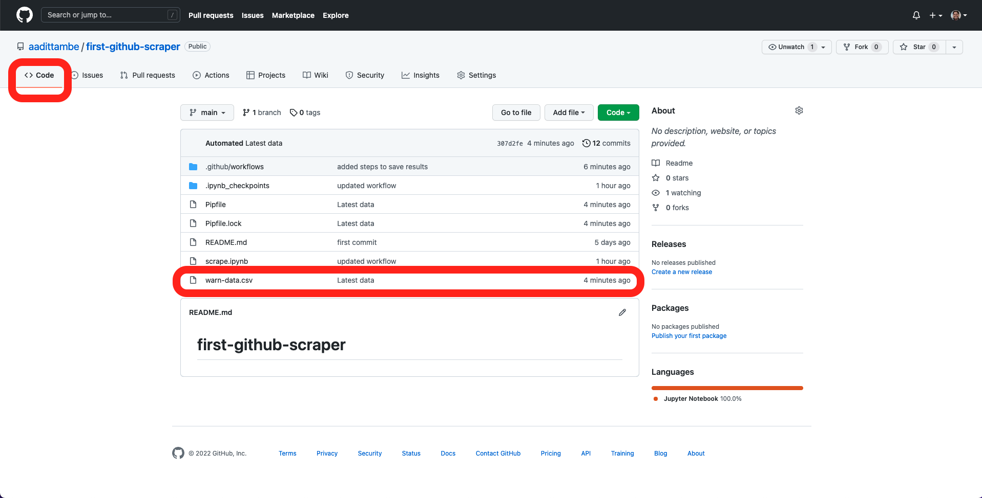 github actions success see logged file in repo