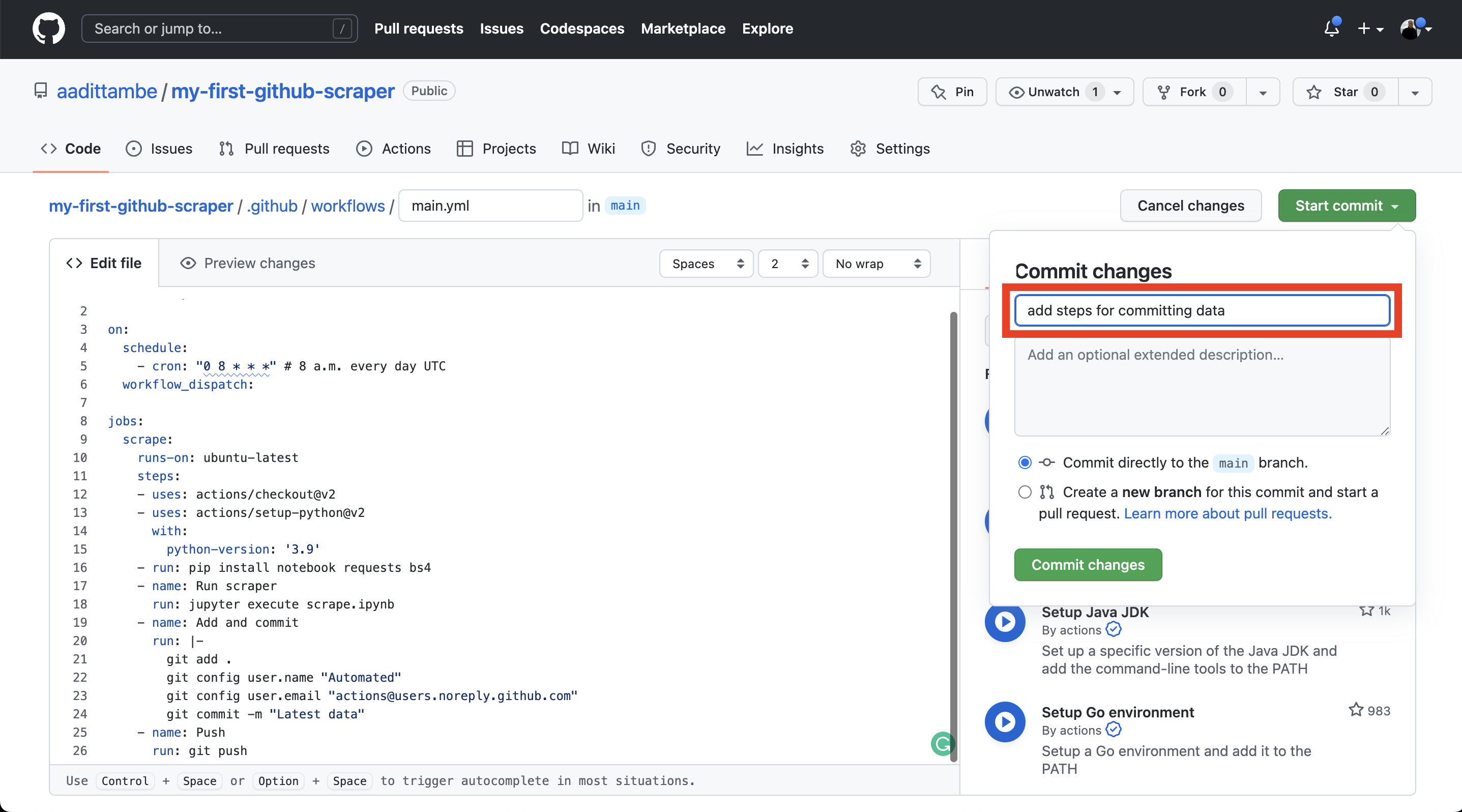 github action commit updates