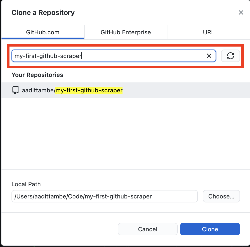 GitHub Desktop clone the GitHub Scraper repo