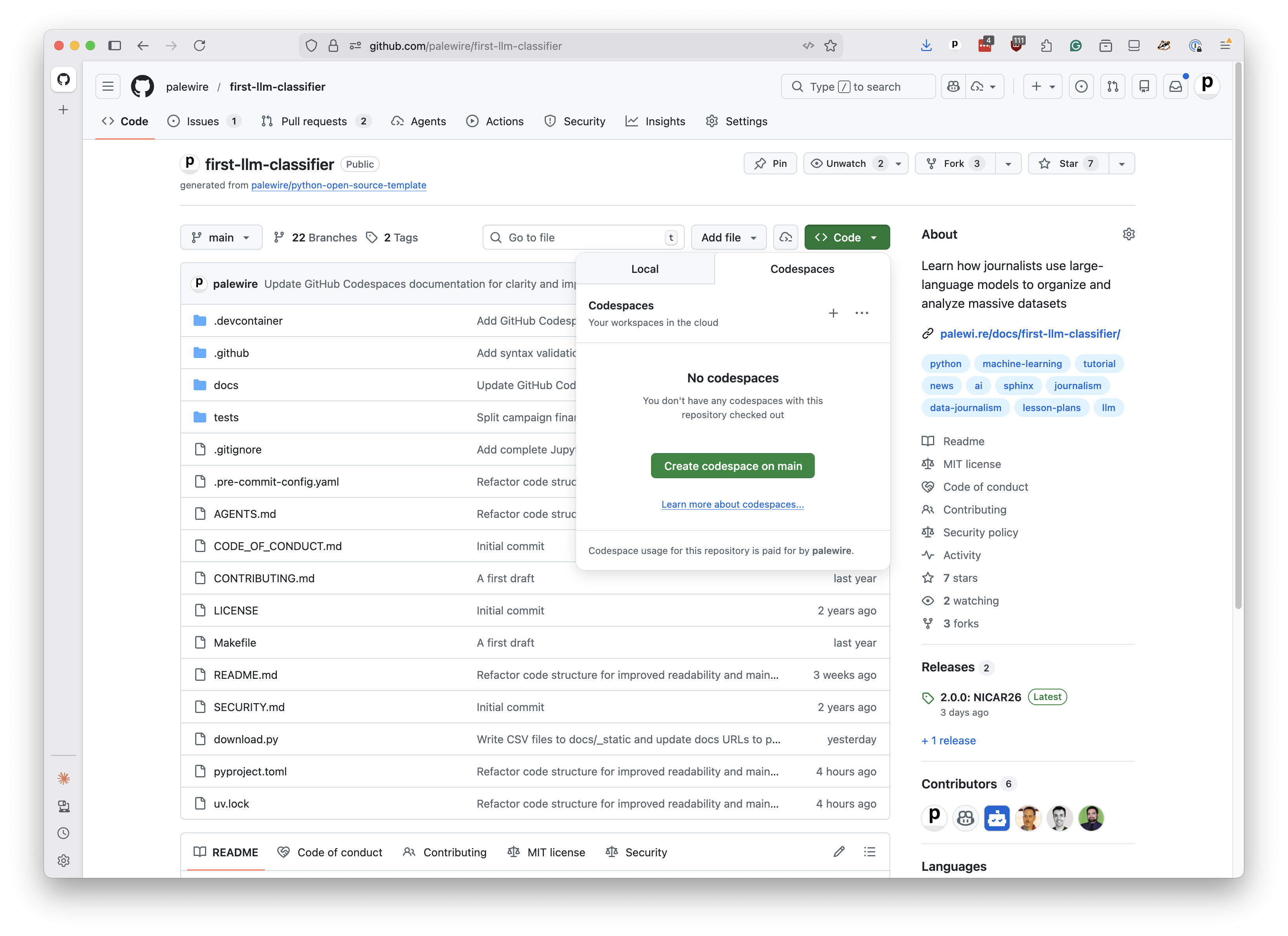 GitHub repository page showing the green "Code" button with the "Codespaces" tab selected and the "Create codespace on main" button