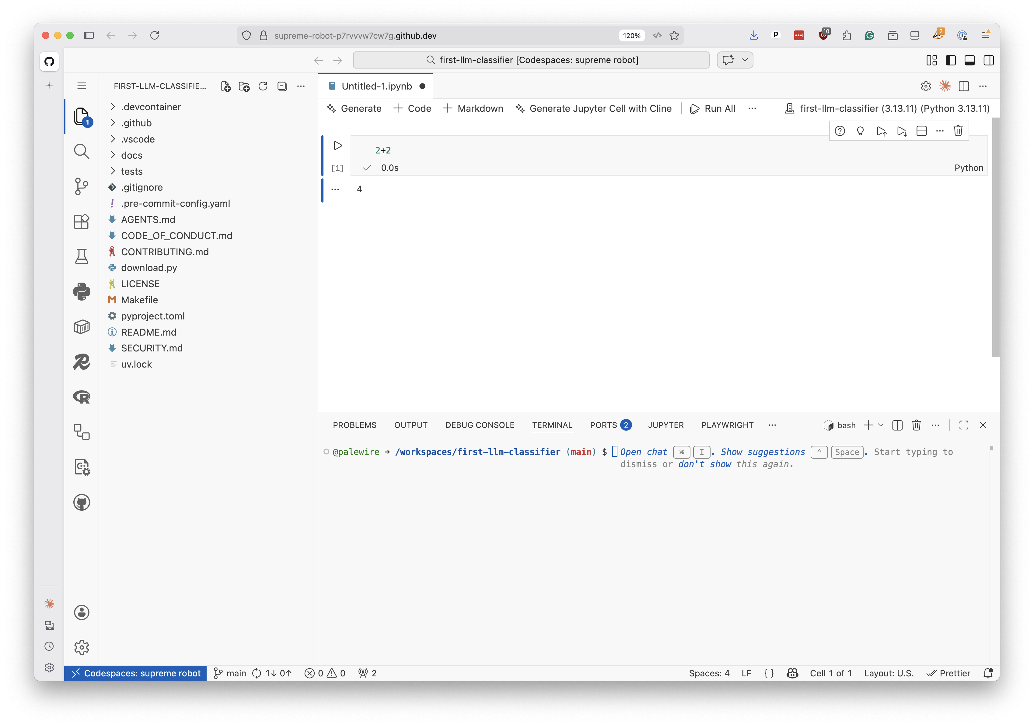 A Jupyter notebook in Codespaces with a cell containing 2+2 and its output of 4