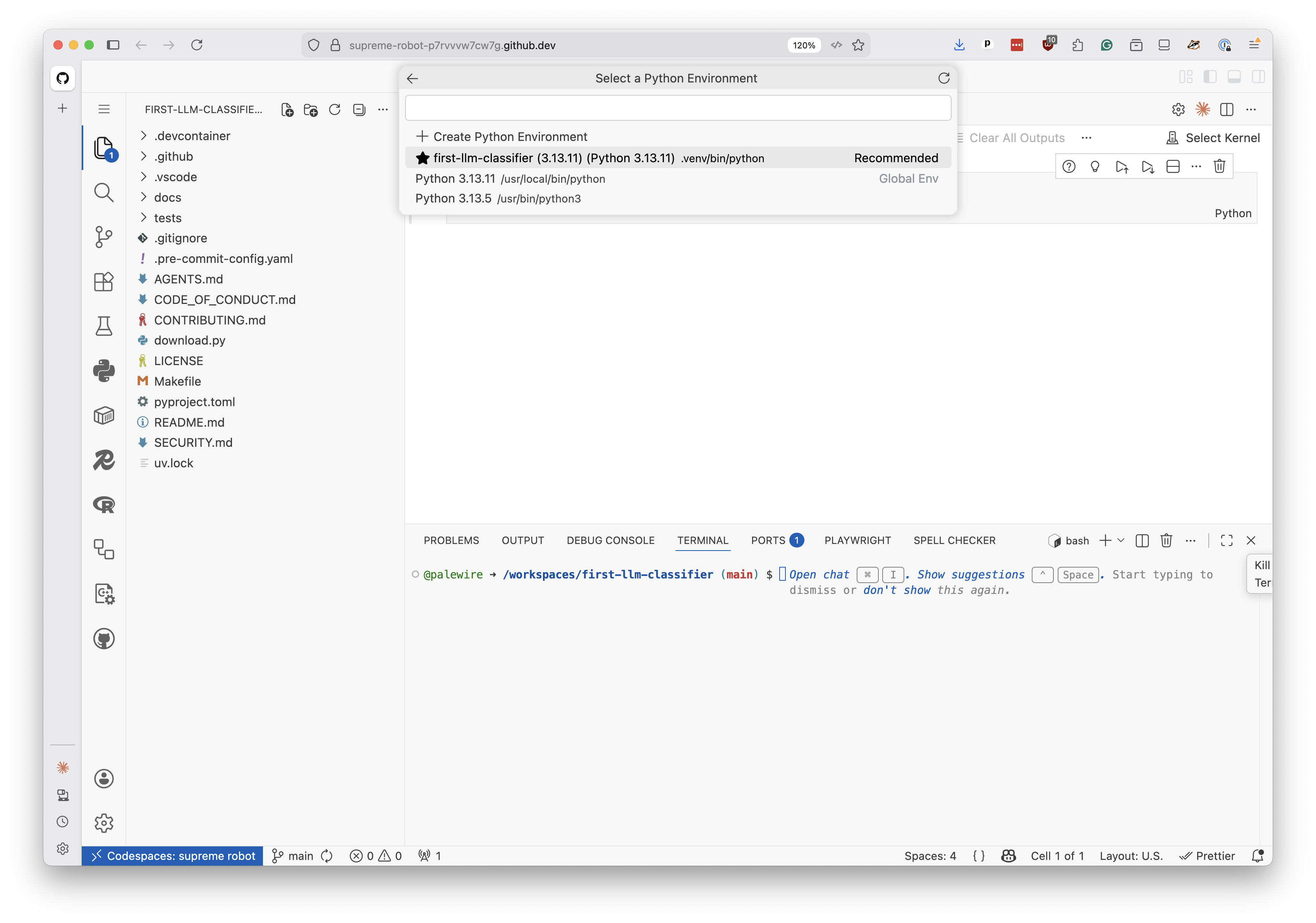 Codespaces kernel picker showing the project's Python virtual environment as the recommended option