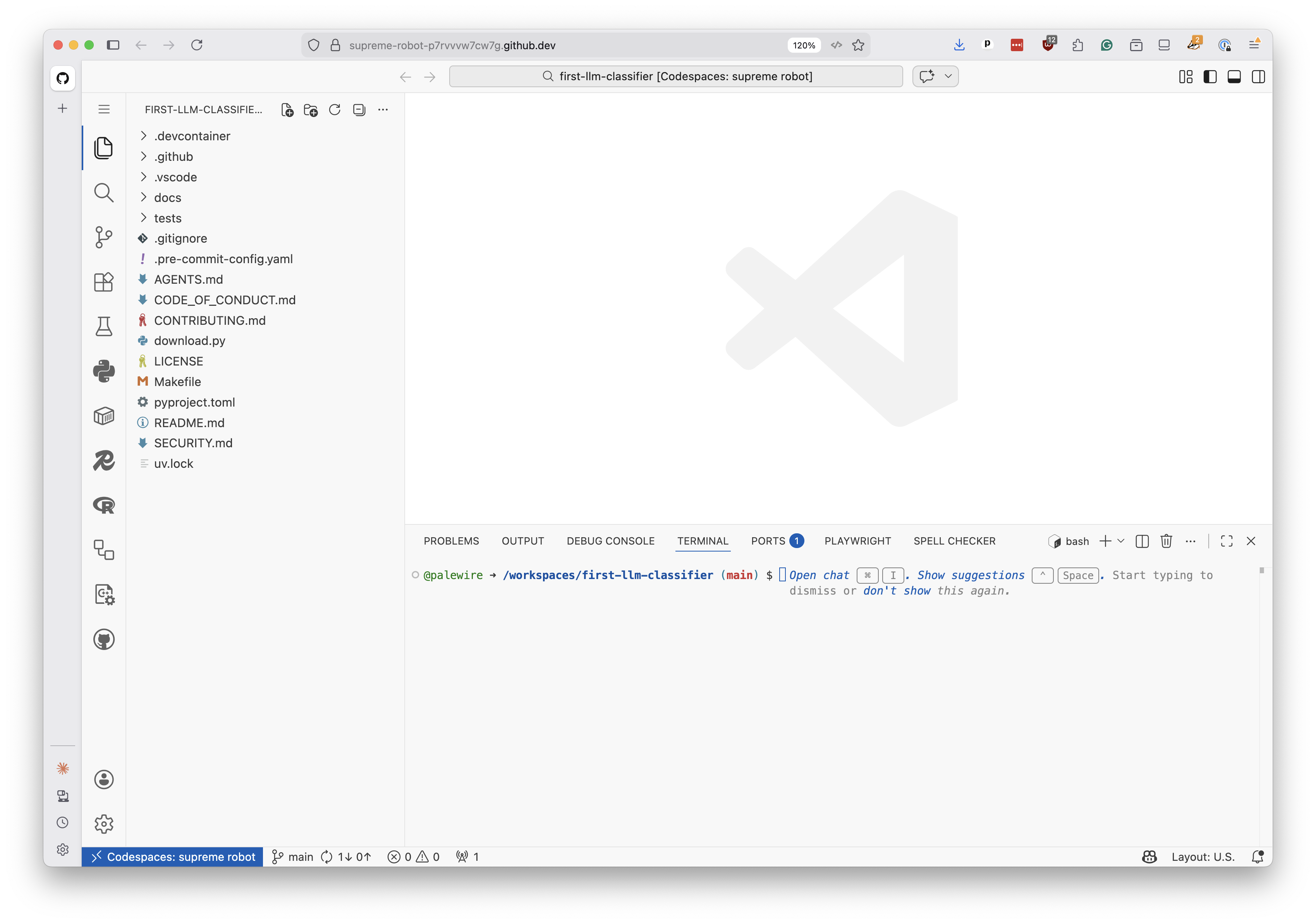 GitHub Codespaces environment loaded in the browser showing Visual Studio Code with the terminal and setup complete