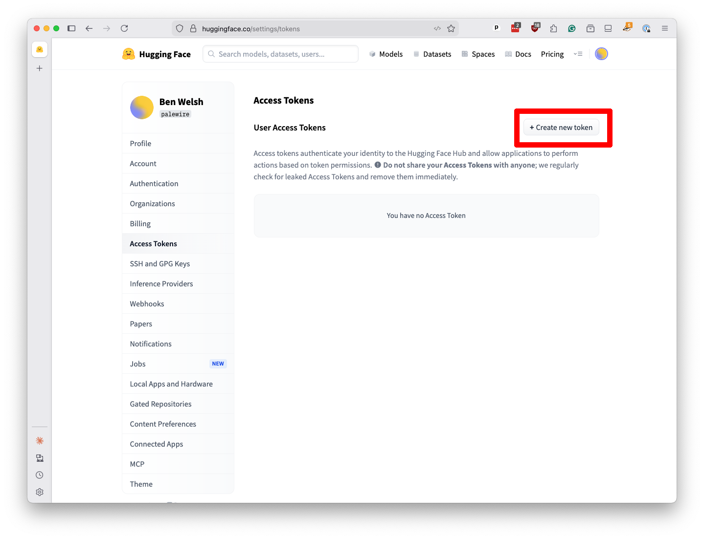 Hugging Face Access Tokens settings page with the "Create new token" button highlighted