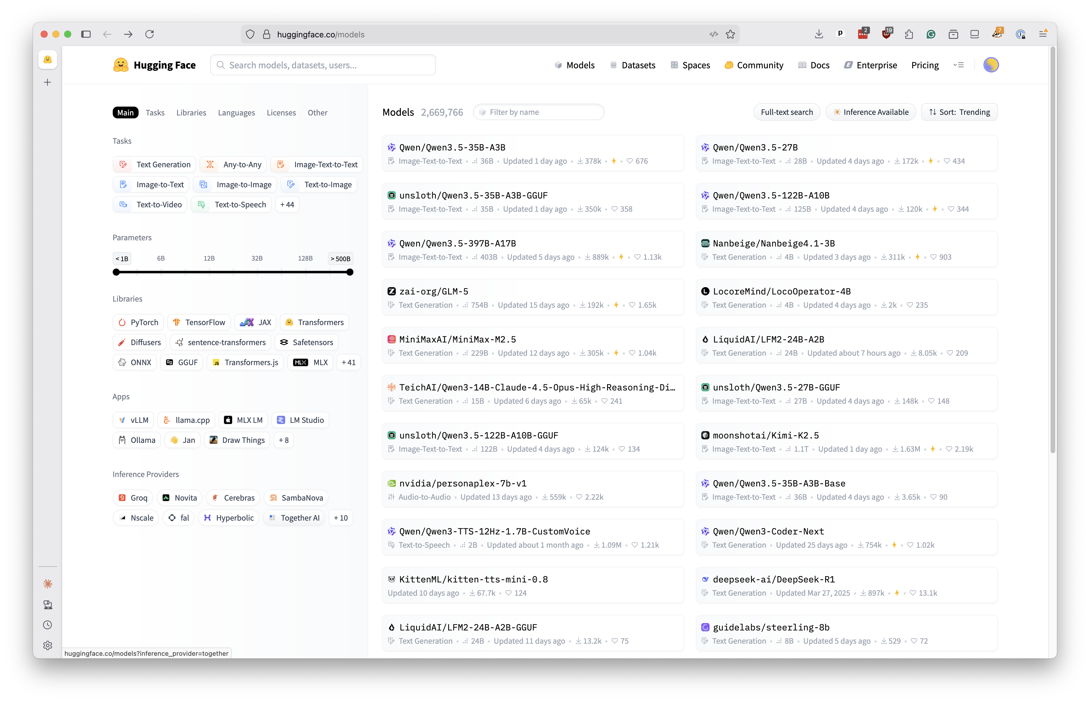Hugging Face models page showing a filterable list of available LLMs