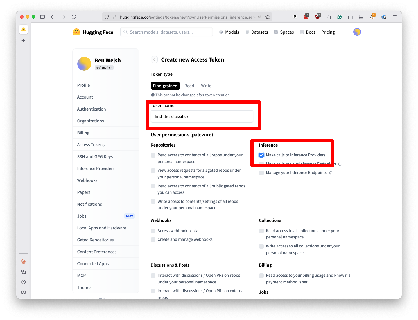 Hugging Face token creation form with the token name and Inference permission highlighted