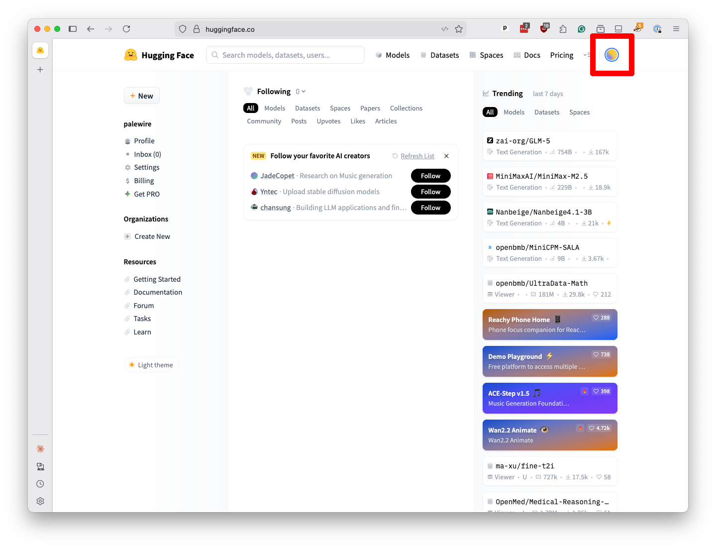 Hugging Face dashboard with the user profile icon highlighted in the top right corner