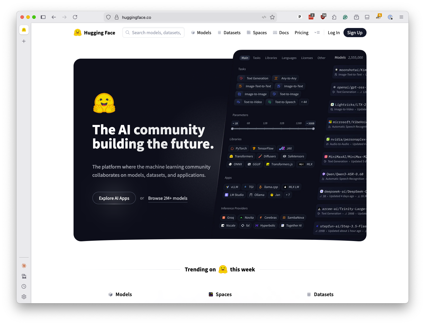 Hugging Face homepage with the tagline "The AI community building the future"