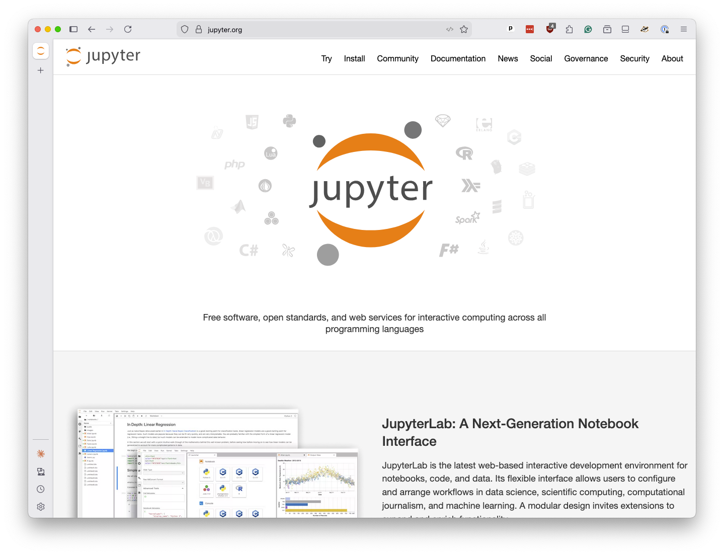 Jupyter project homepage with its logo and the tagline "Free software, open standards, and web services for interactive computing"