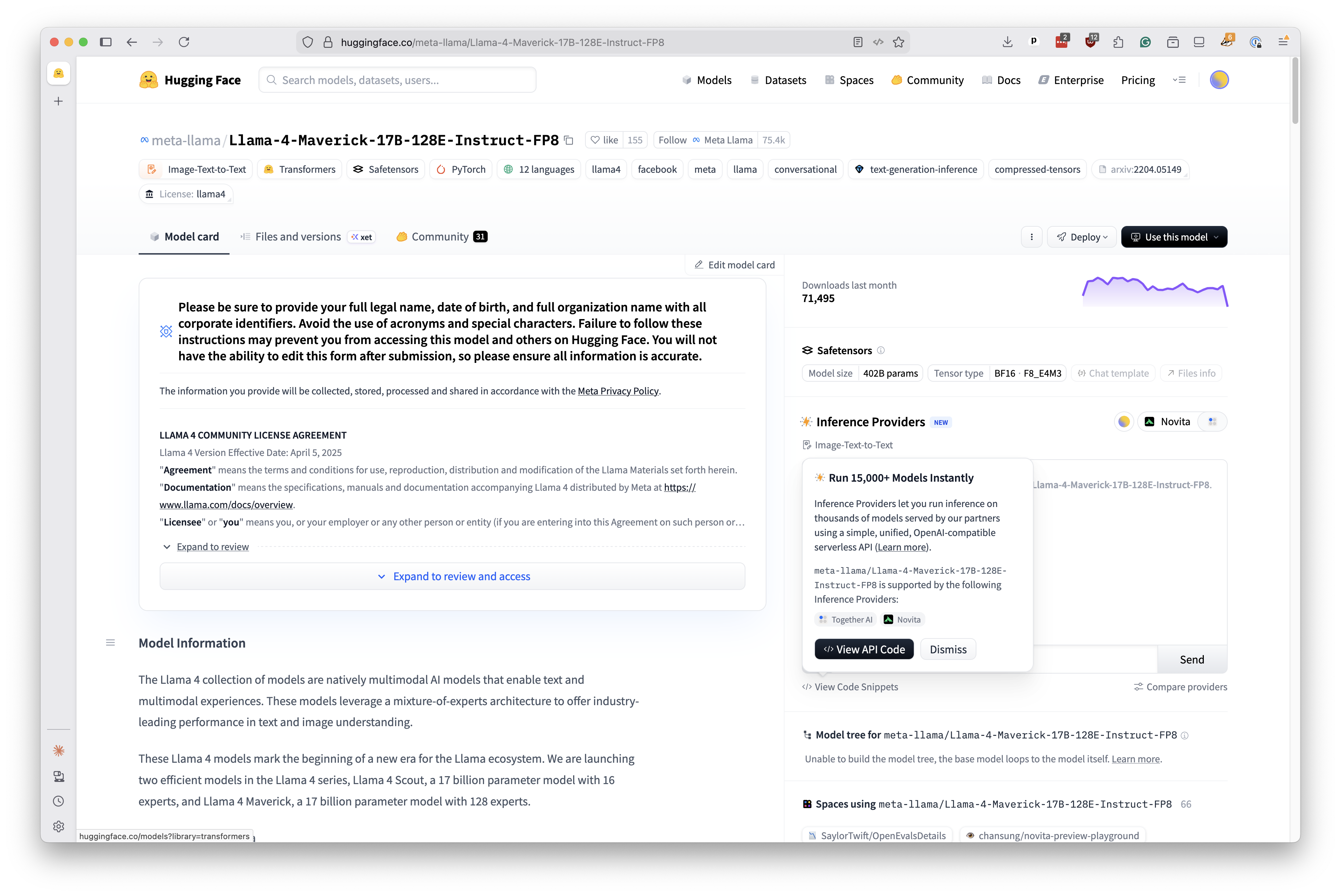 Hugging Face model card for Llama-4-Maverick-17B-128E-Instruct-FP8 showing its license, usage stats and API options