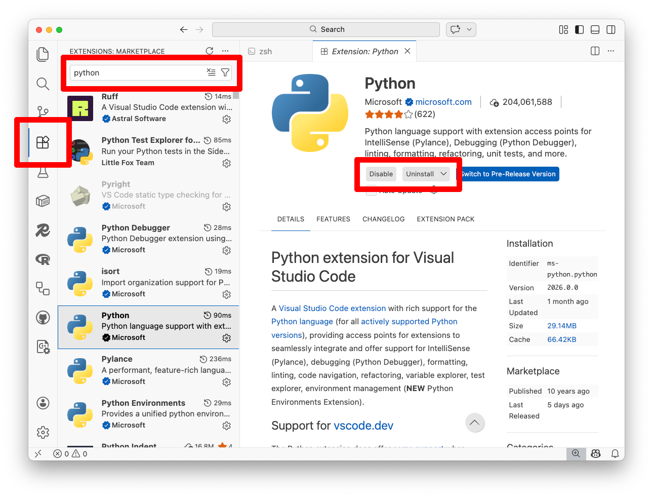 Visual Studio Code extensions panel with a search for "Python" and the Microsoft Python extension highlighted