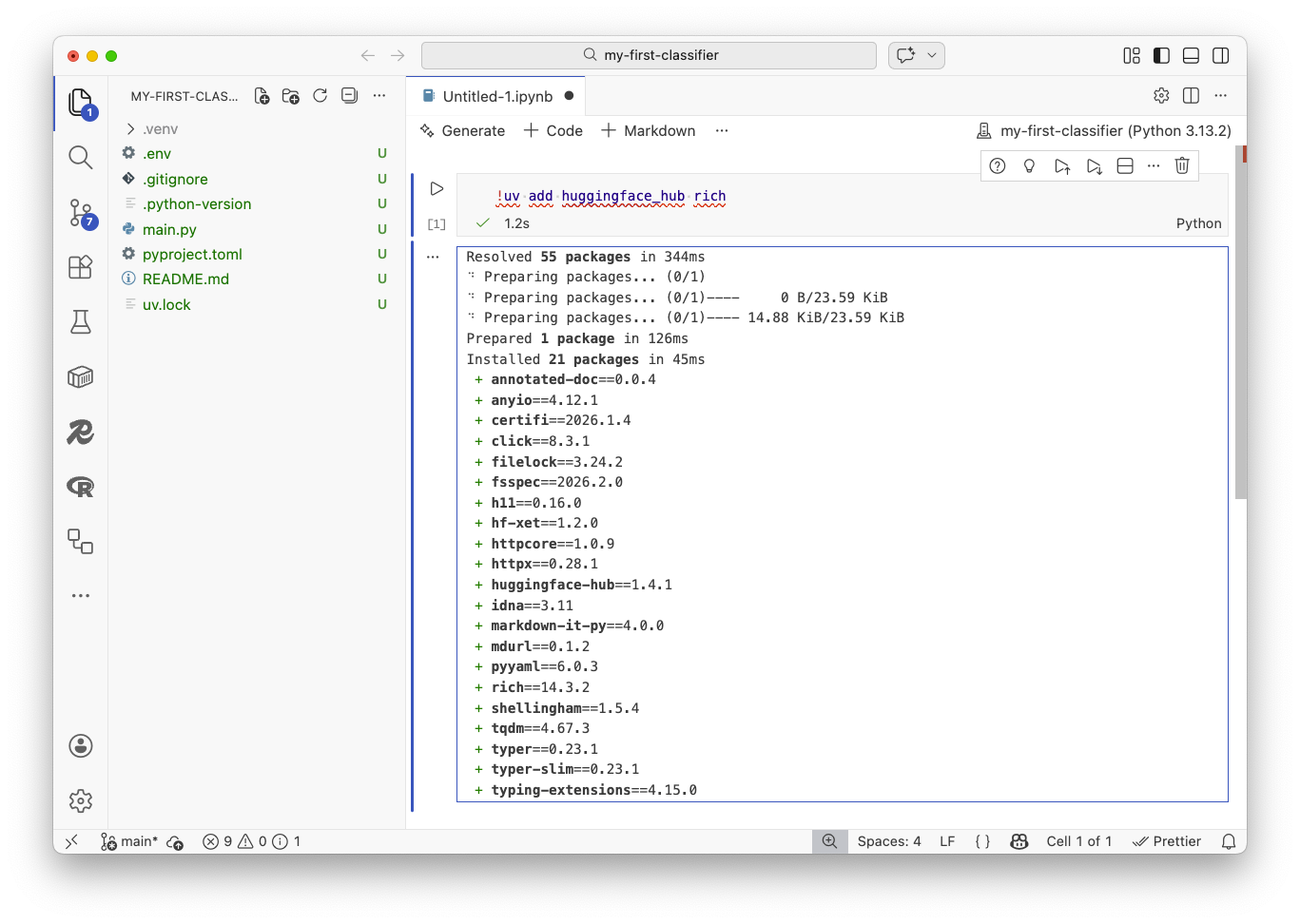 A Jupyter notebook cell showing the output of uv add installing Python packages