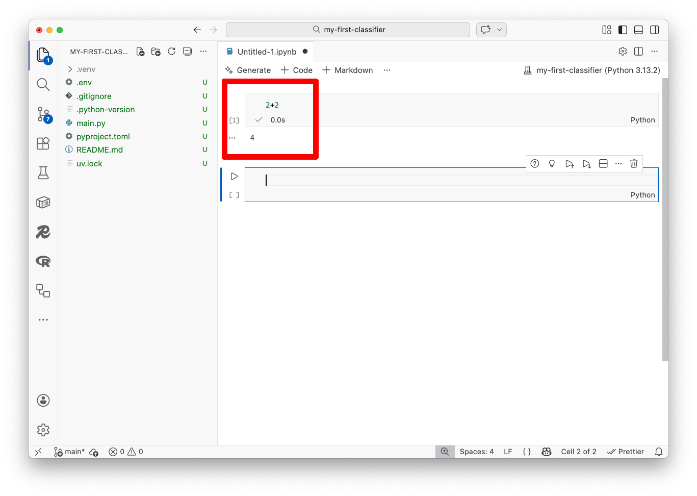 A Jupyter notebook in Visual Studio Code with a cell containing 2+2 and its output of 4