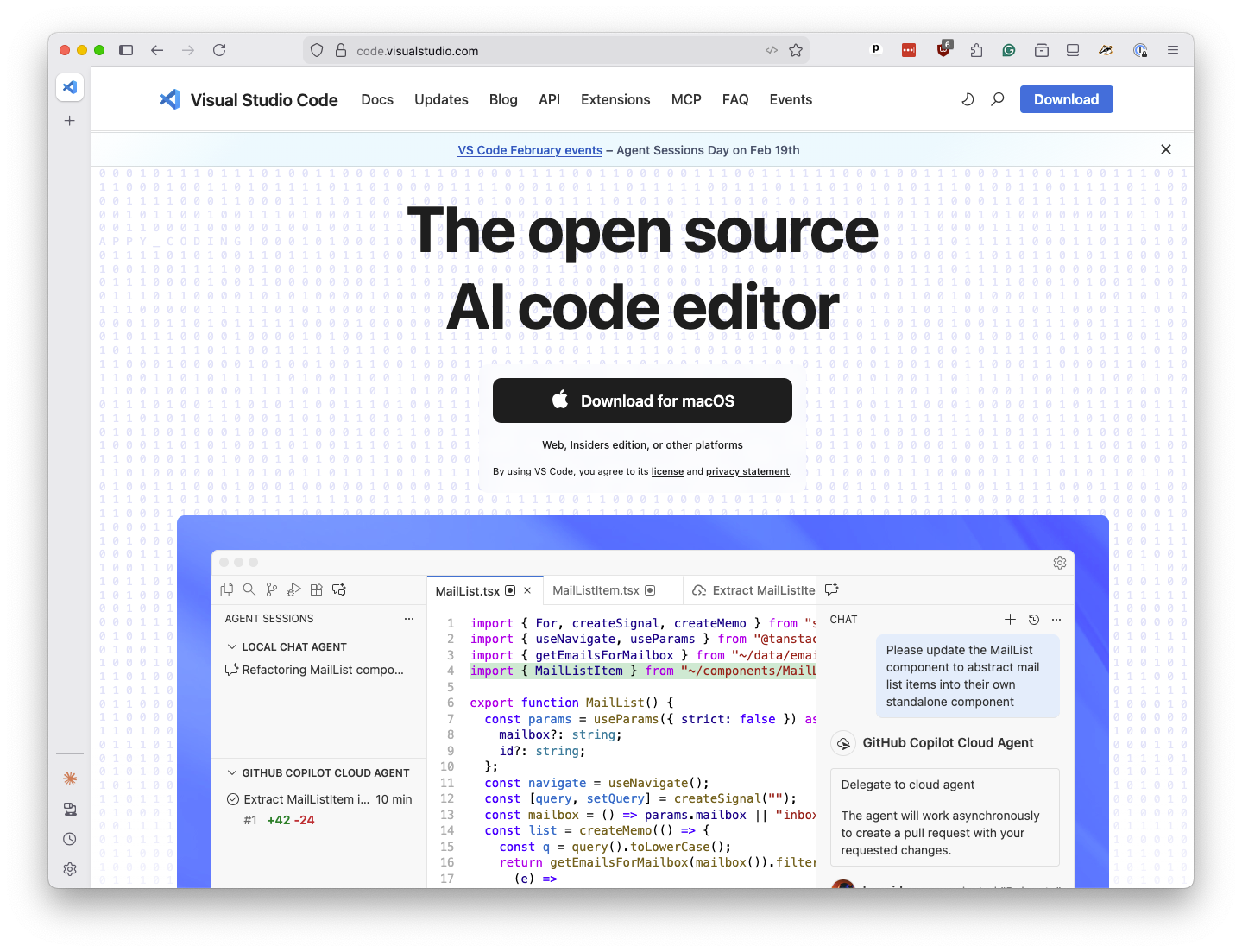 Visual Studio Code homepage with the tagline "The open source AI code editor" and a download button