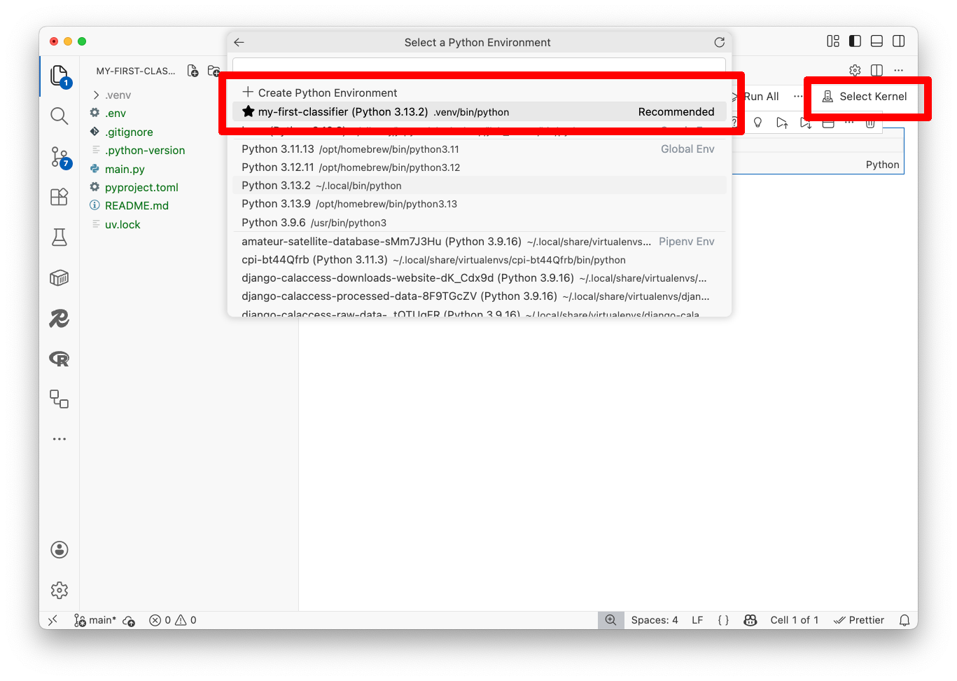 Visual Studio Code kernel picker showing the project's Python virtual environment as the recommended option