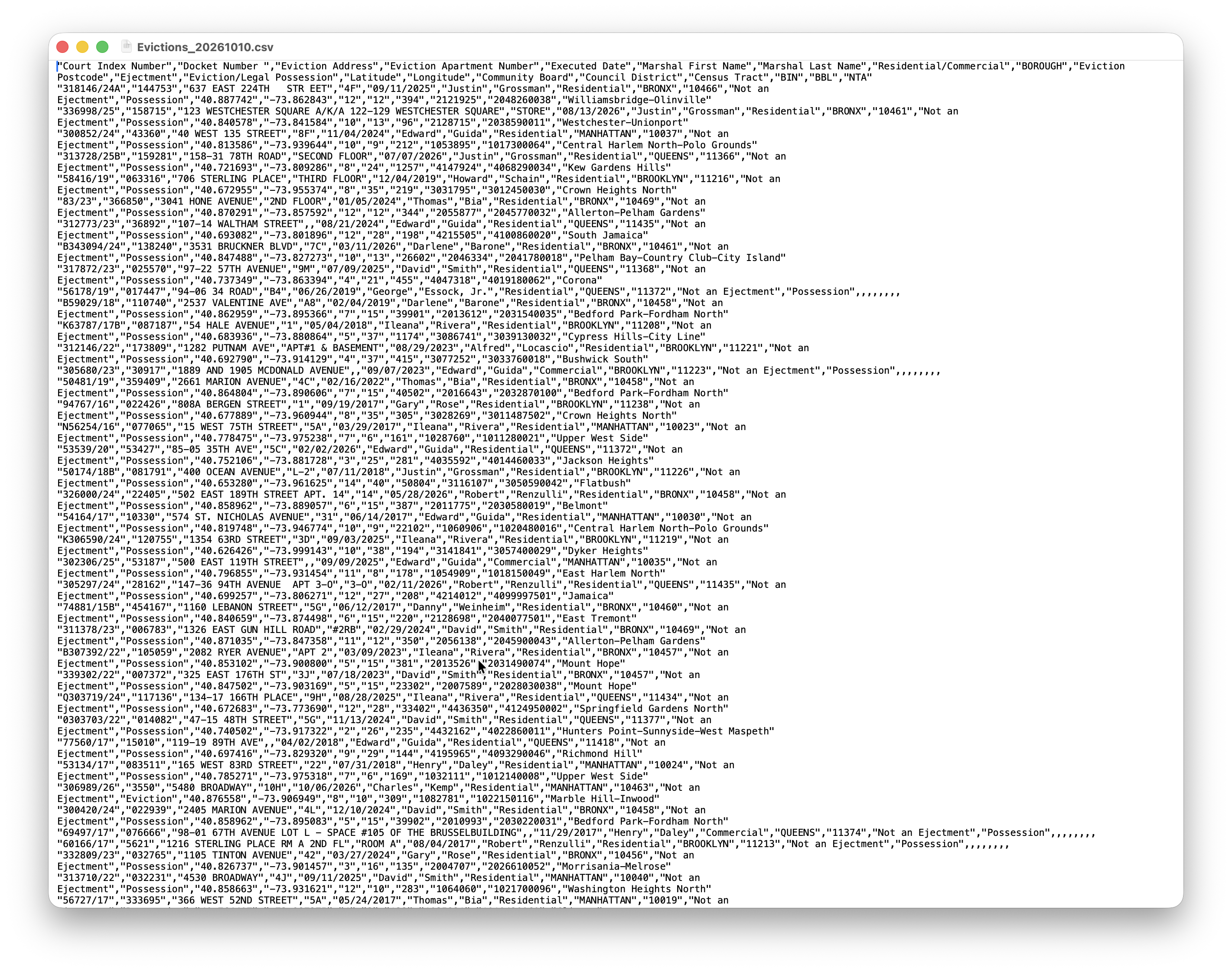 The evictions CSV file opened in a text editor, showing comma-separated rows with the header row at top