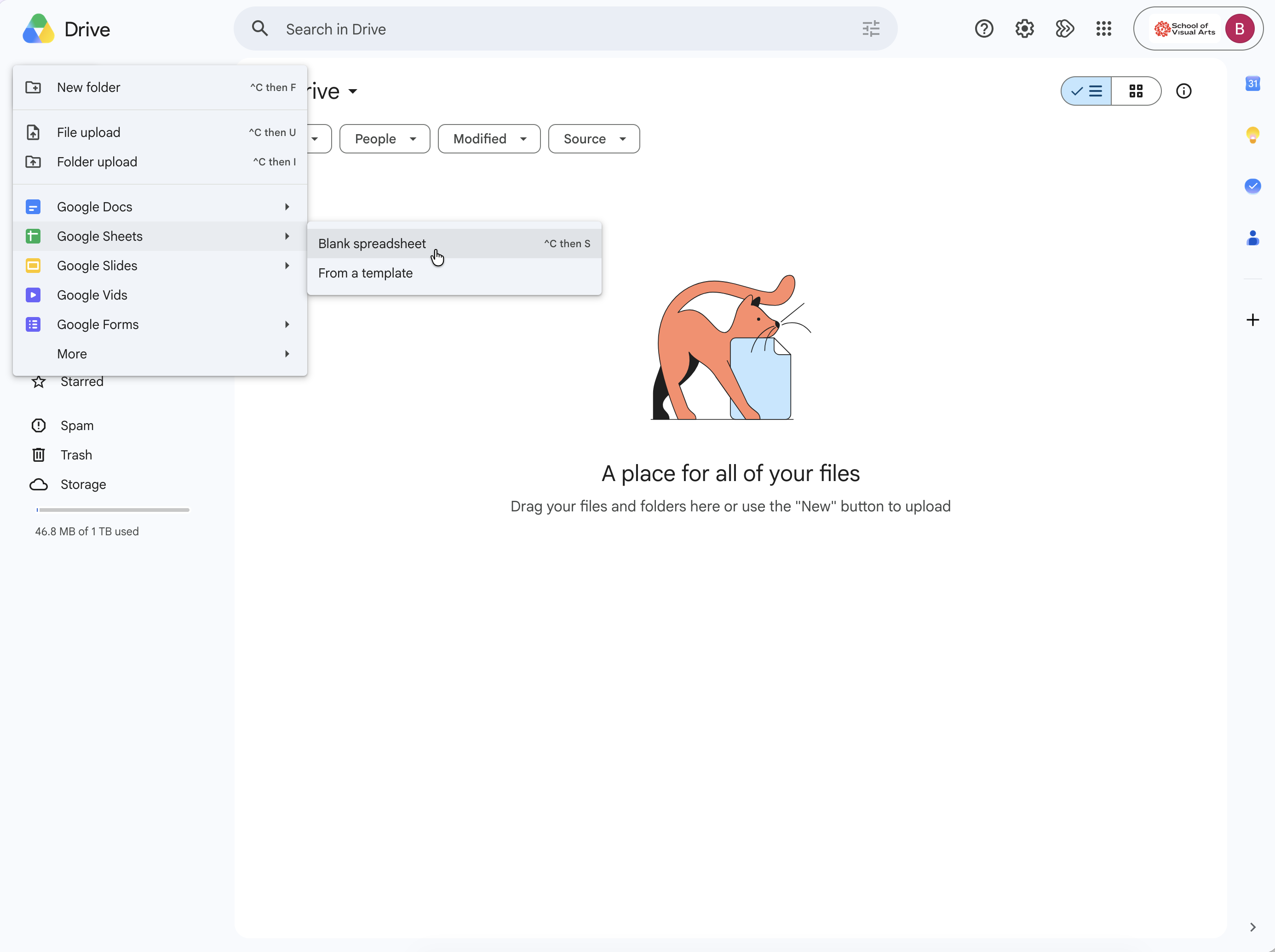 Google Drive New menu open, with Google Sheets submenu showing Blank spreadsheet option