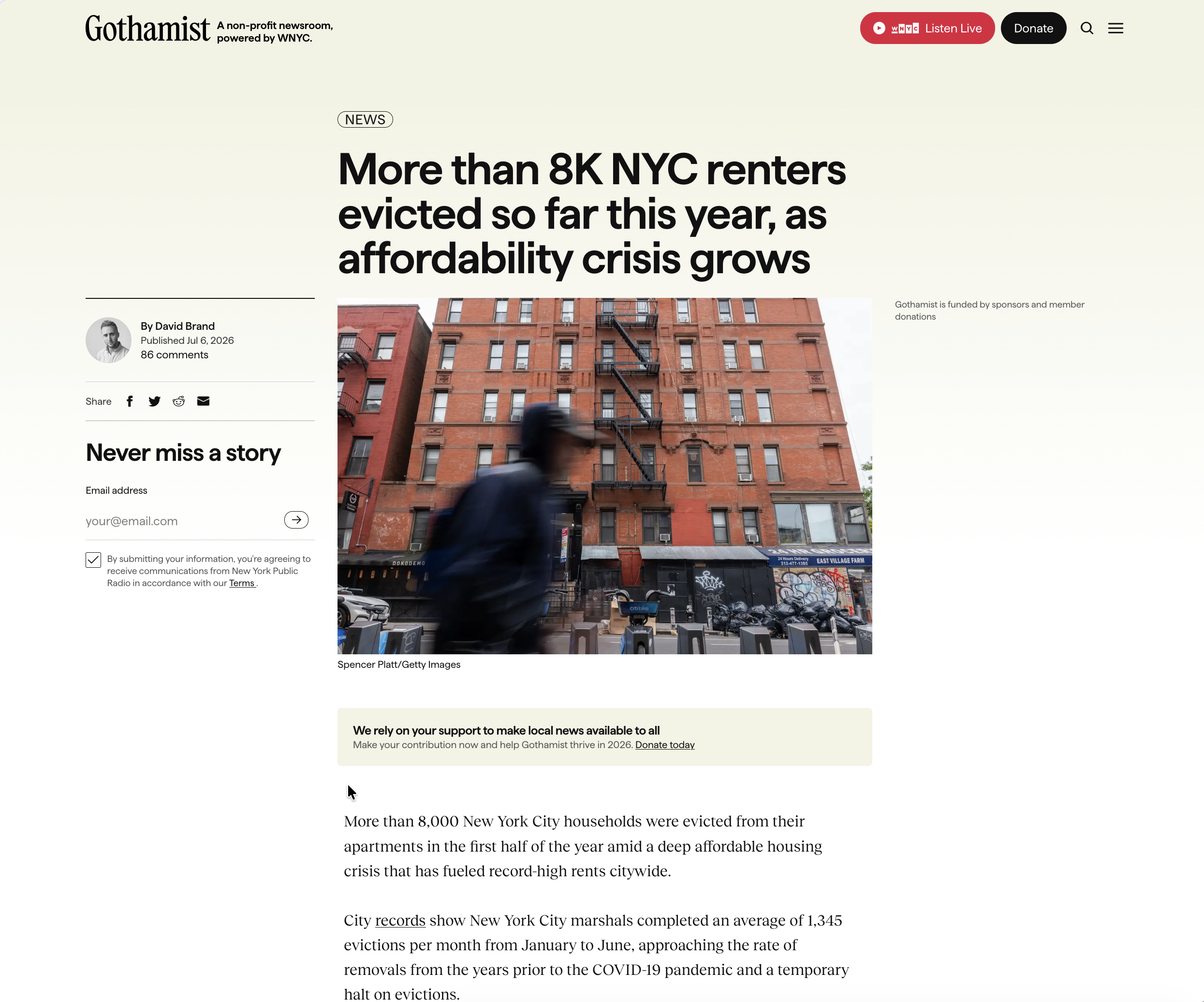 Gothamist headline: More than 8K NYC renters evicted so far this year, as affordability crisis grows