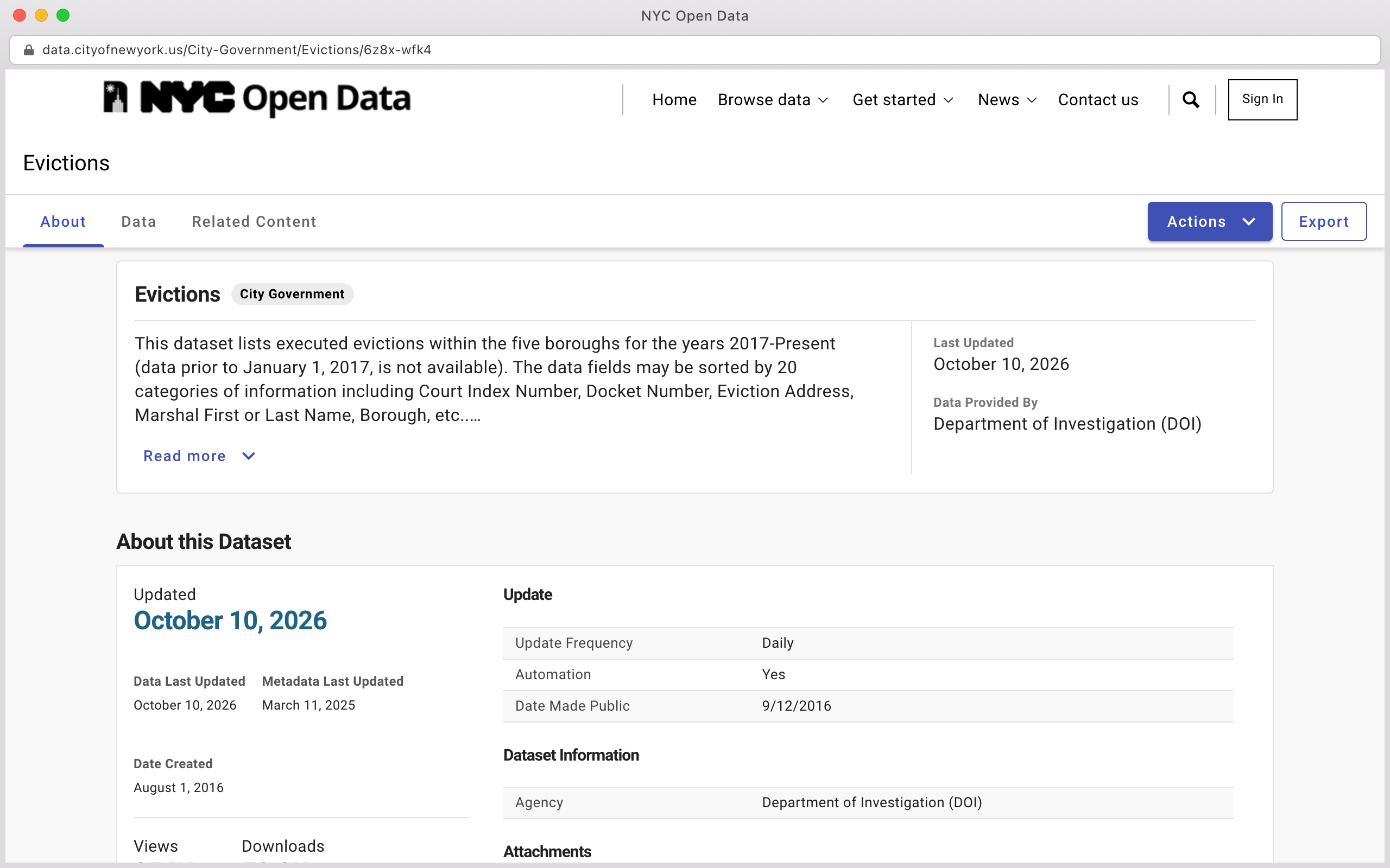 NYC Open Data Evictions dataset page showing the About tab, update frequency and source agency