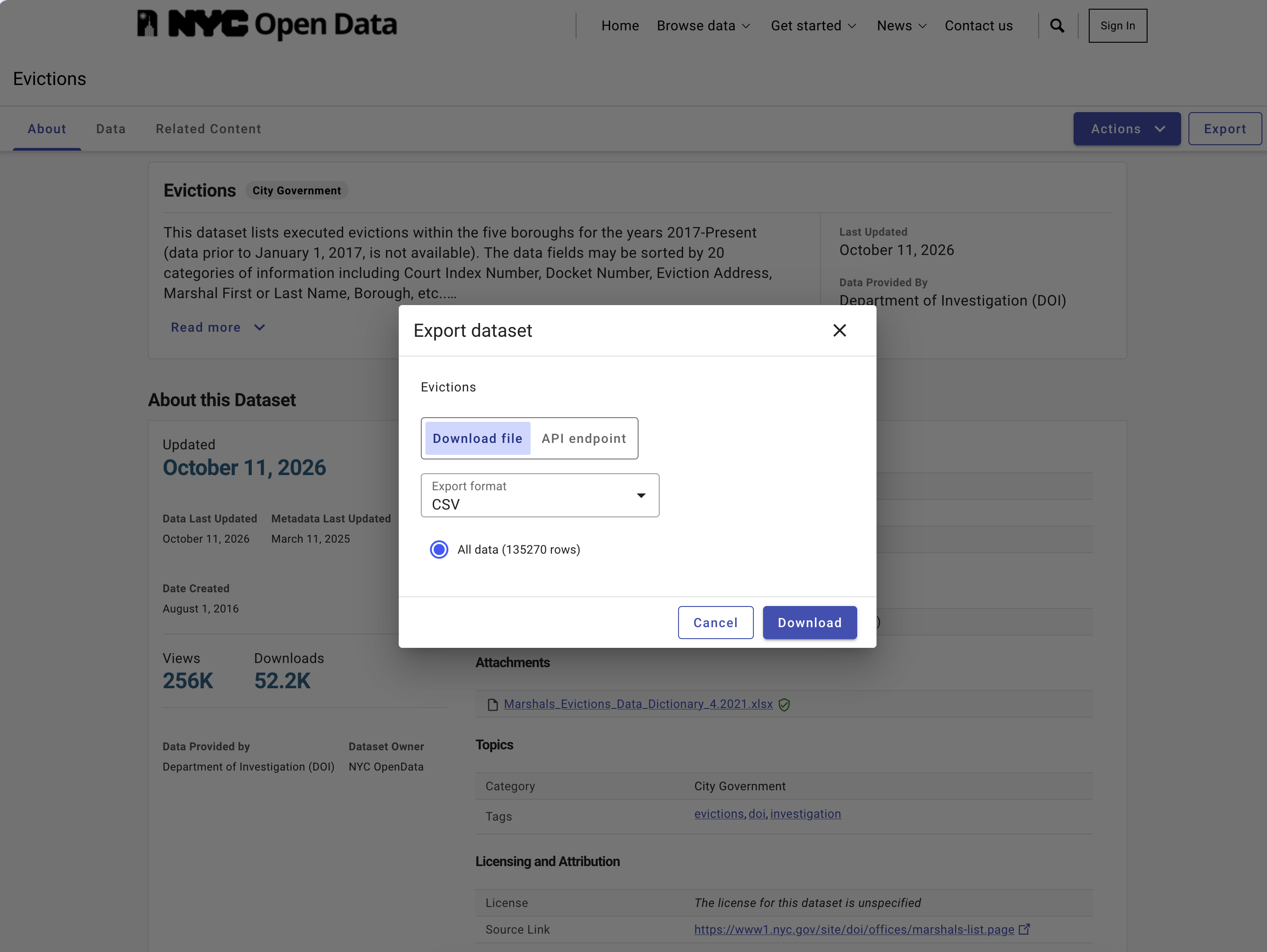 NYC Open Data Export dataset dialog set to Download file, CSV format, with All data (135270 rows) selected