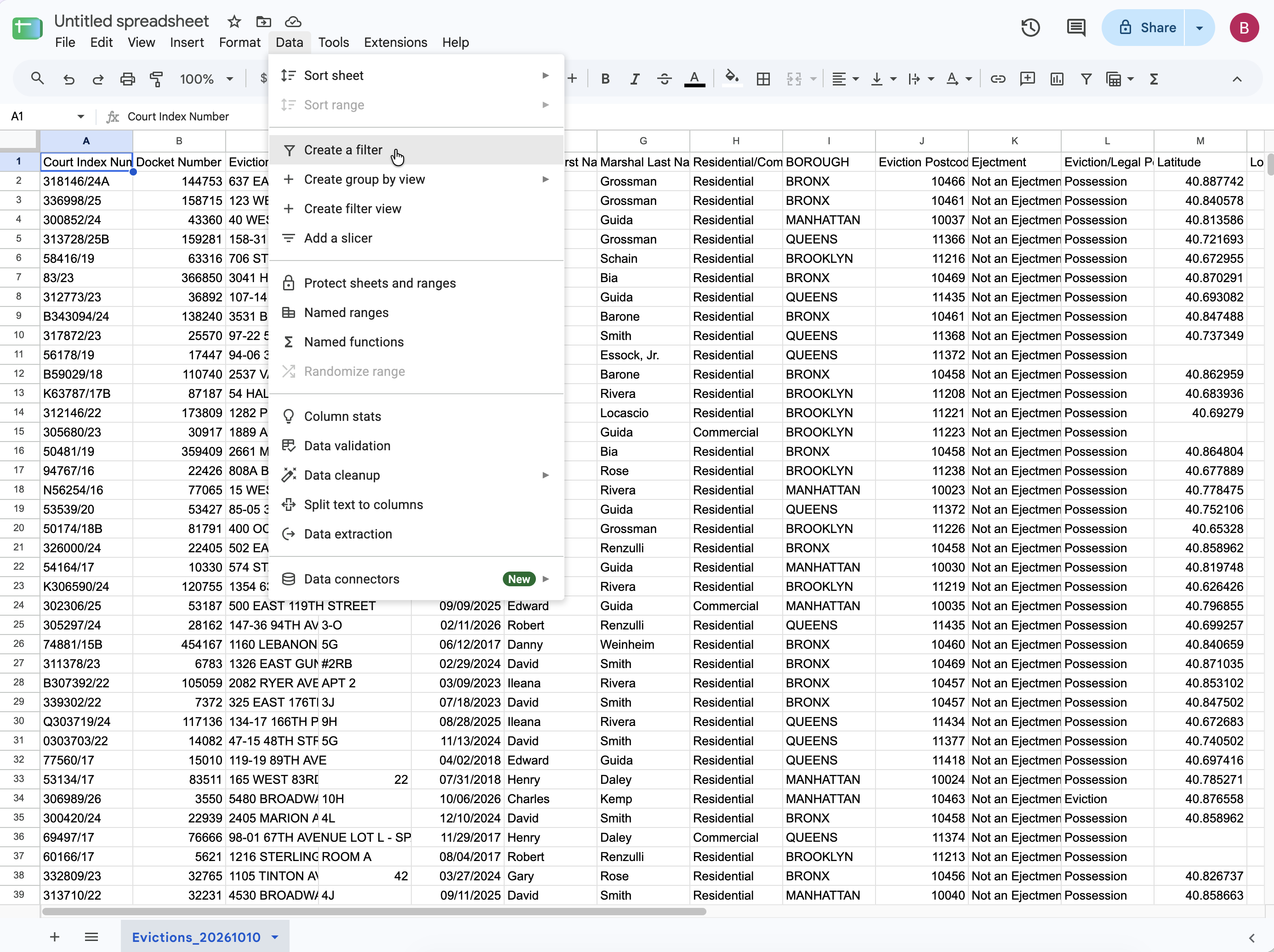 Google Sheets Data menu open with Create a filter highlighted