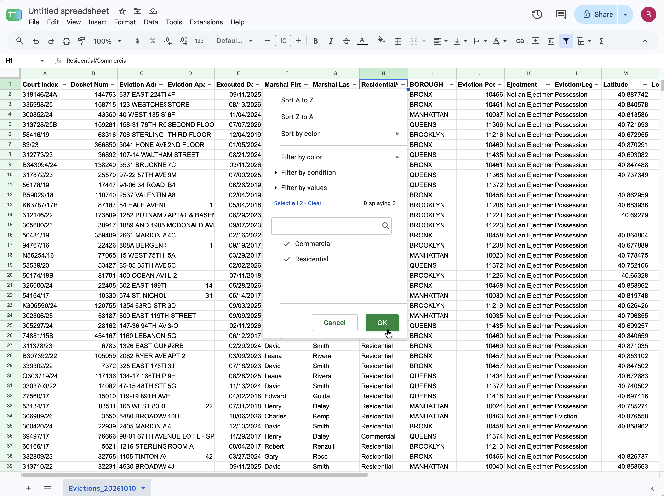 Google Sheets with filter dropdown arrows on every column header, one open showing Residential and Commercial options