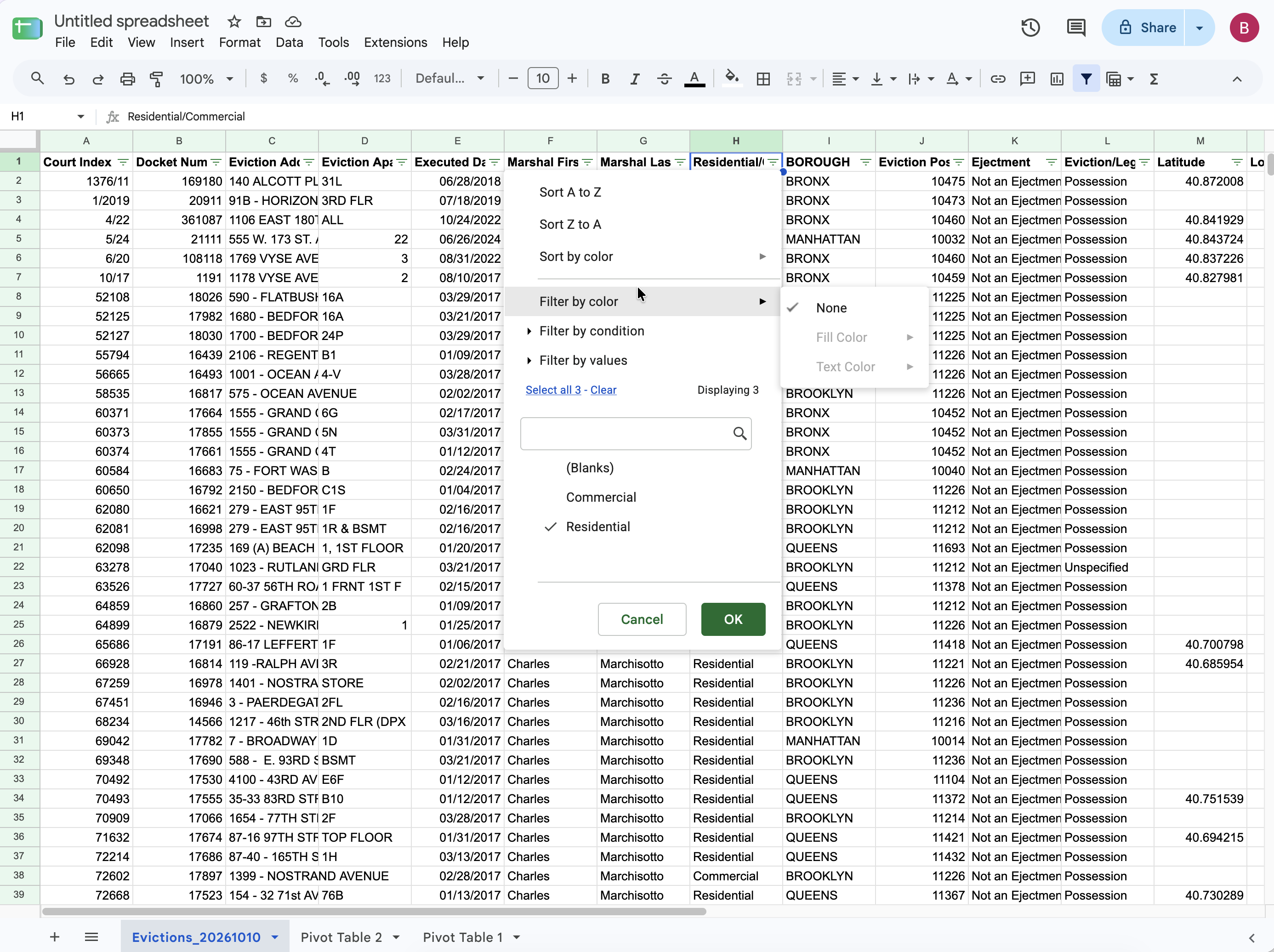 Google Sheets filter dropdown on Residential/Commercial with only Residential checked and Commercial unchecked