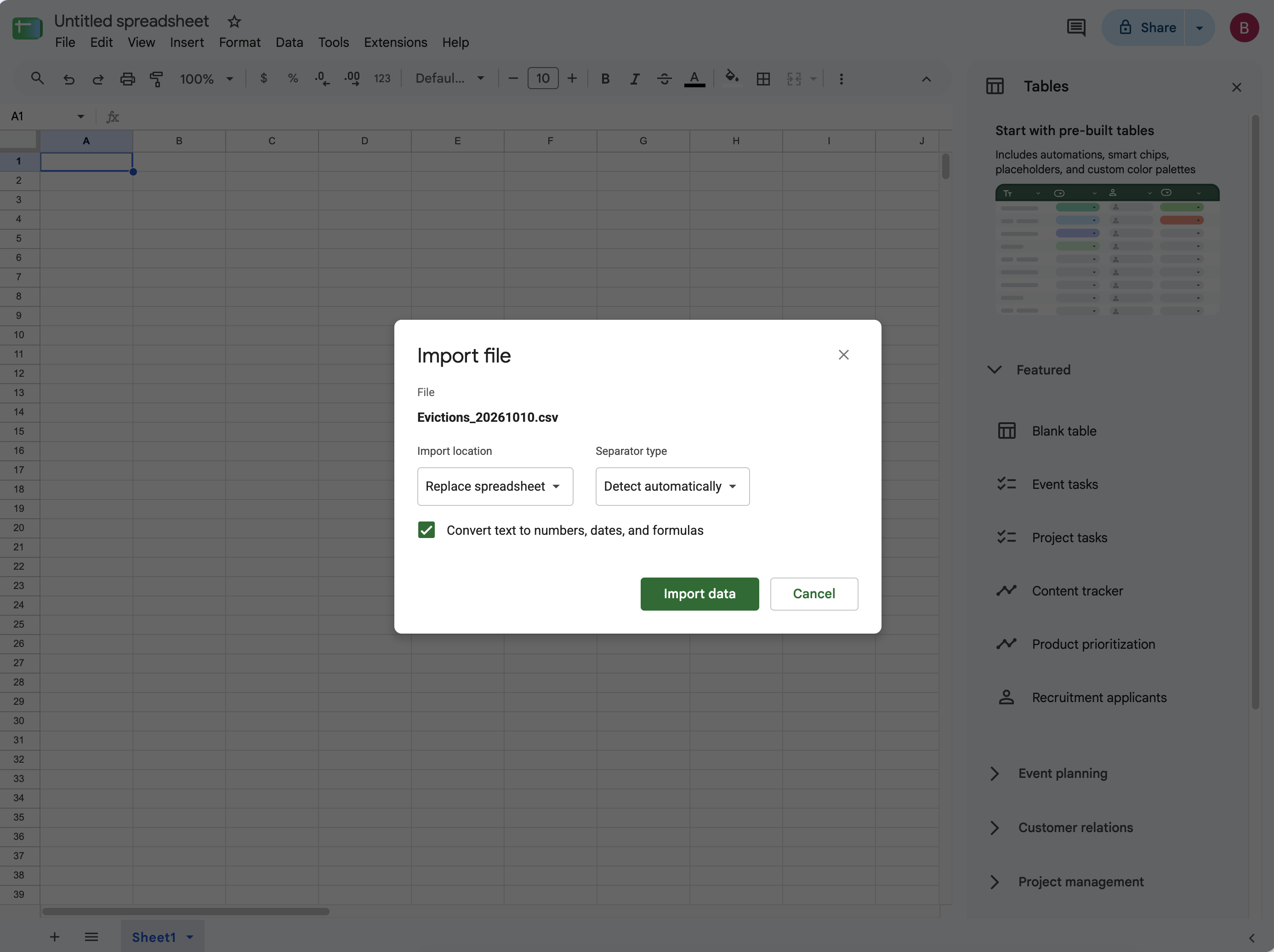 Google Sheets Import file dialog set to Replace spreadsheet with separator type Detect automatically