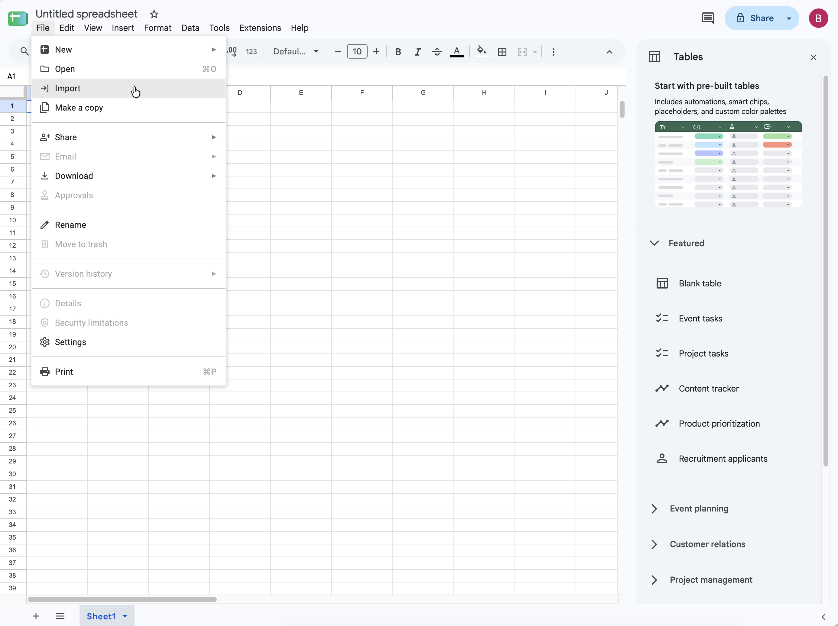 Google Sheets File menu open with the Import option highlighted