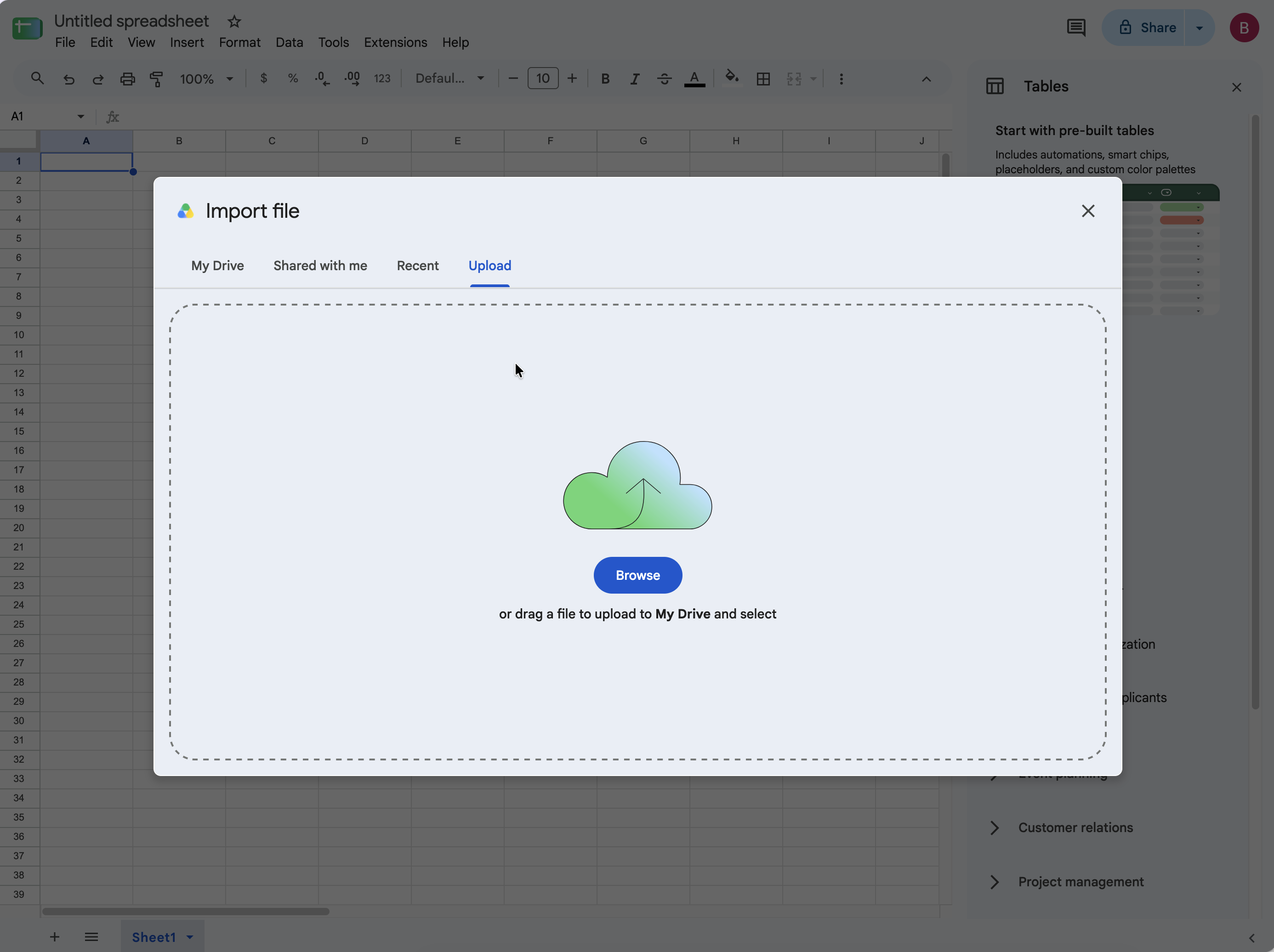Google Sheets import dialog on the Upload tab, with a drag-and-drop area and Browse button