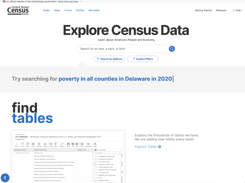 The data.census.gov homepage with its search box and Explore Census Data heading