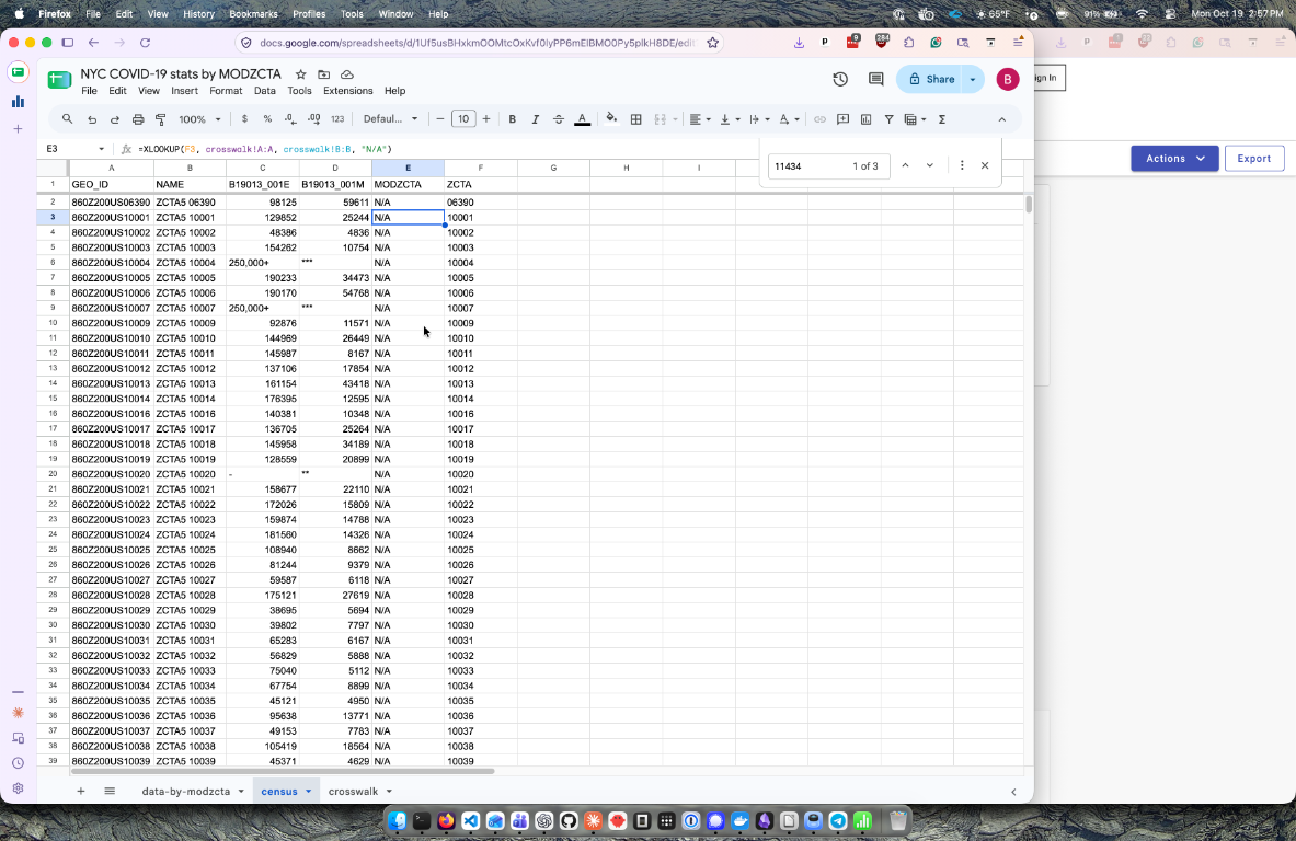 Google Sheets Census tab showing an XLOOKUP formula that returns N/A while matching ZCTAs to the crosswalk