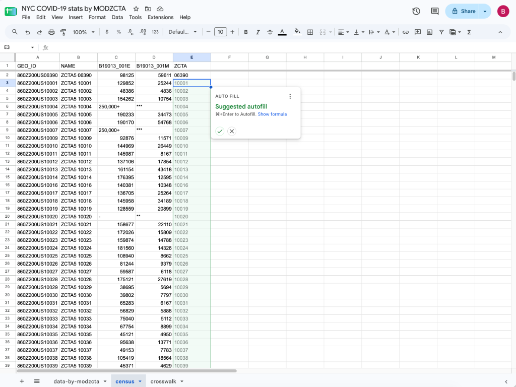 Google Sheets suggesting an autofill after extracting ZIP codes into the Census tab's ZCTA column