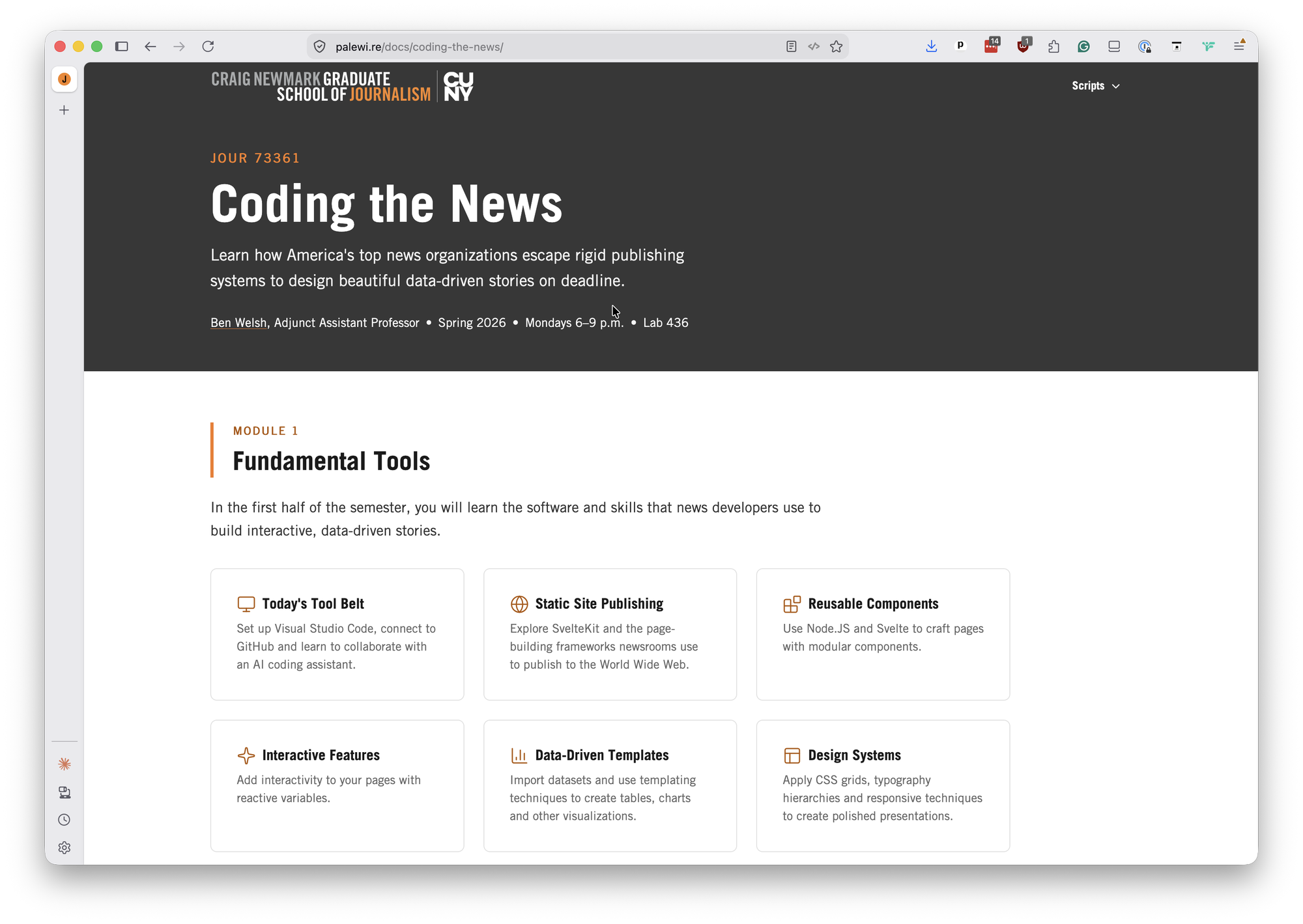 Coding the News course website showing its syllabus and first module.