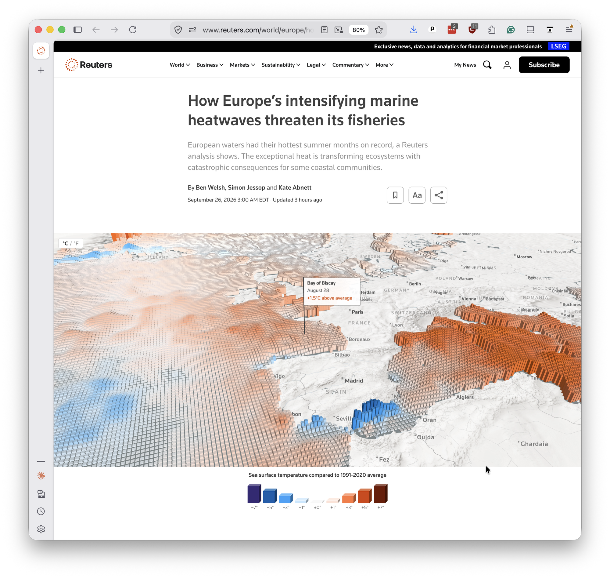 Map of European marine heatwaves made with deck.gl.