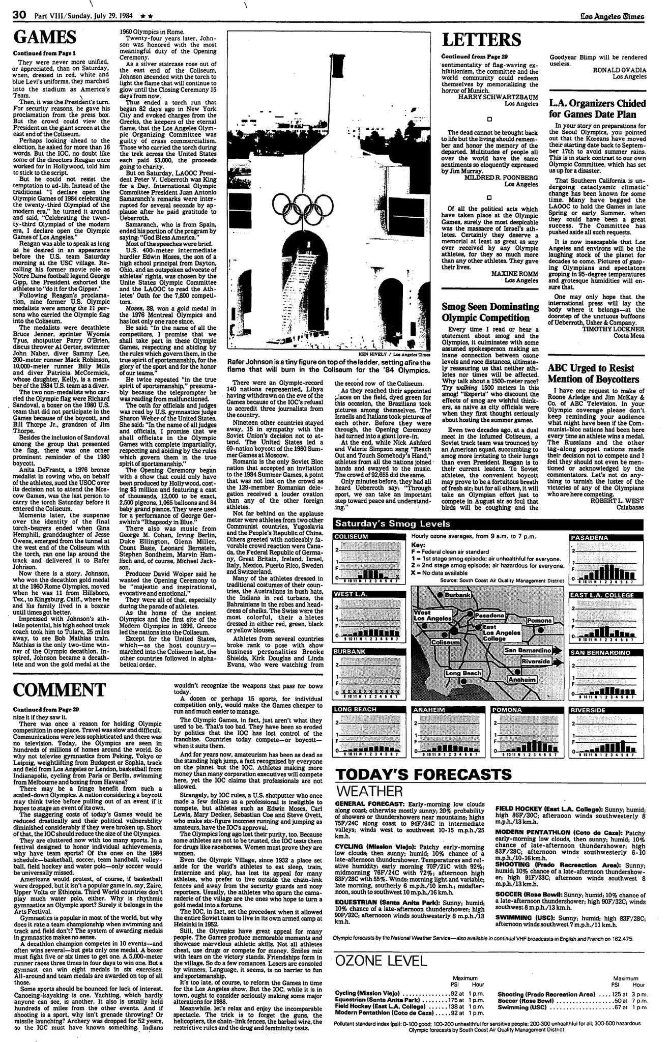 Page 30 of the July 29, 1984 Los Angeles Times, featuring Olympics coverage, letters and smog charts.