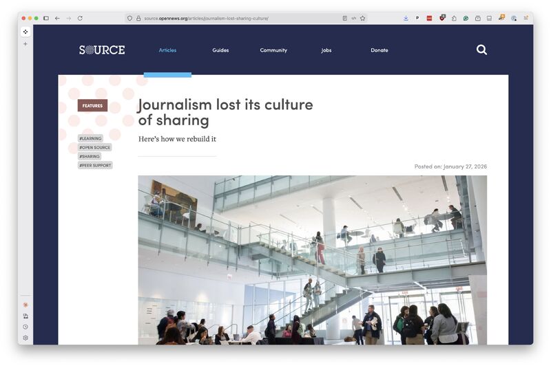 Screenshot of the OpenNews article How journalism lost its culture of sharing.