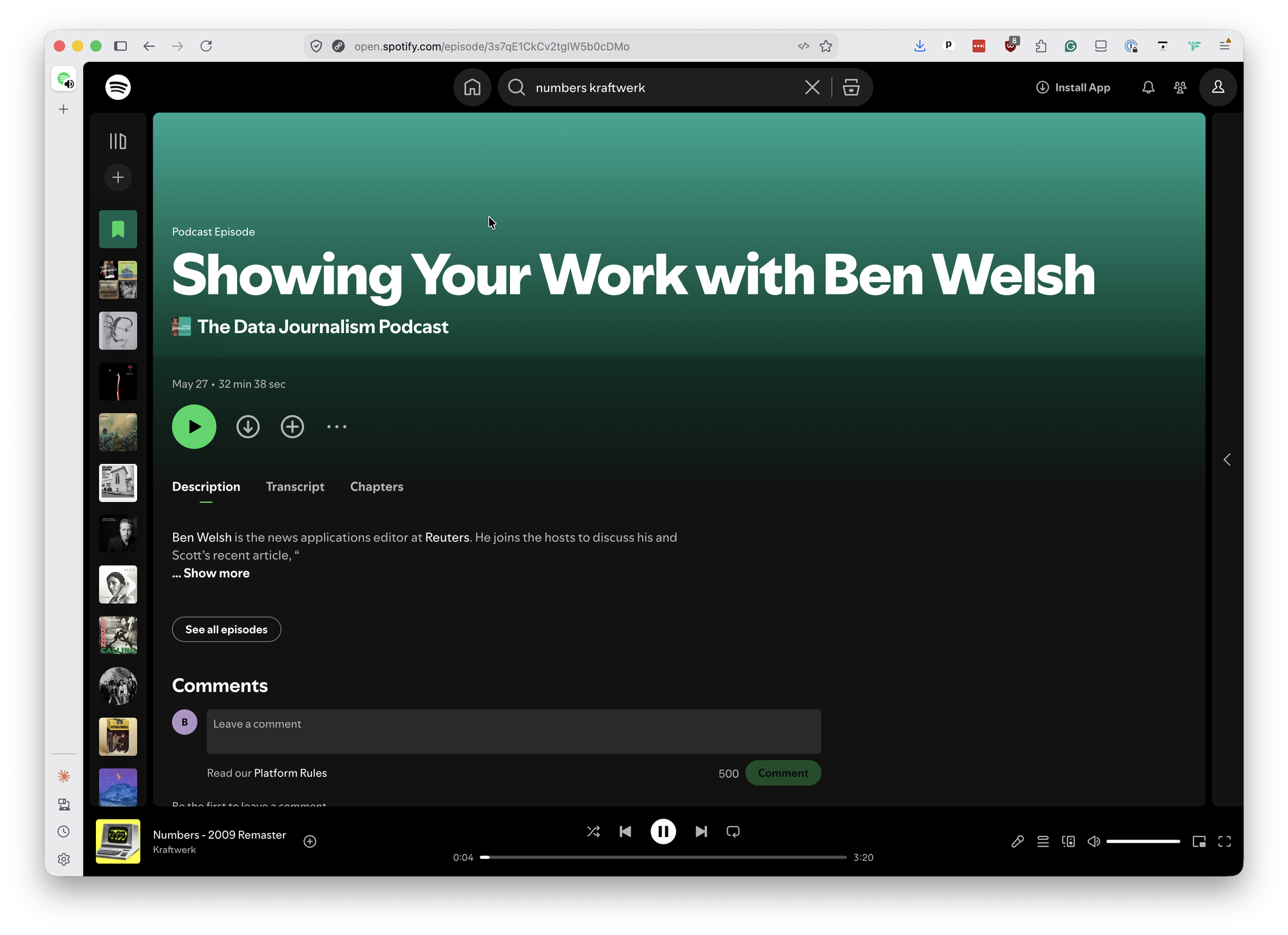 Browser-framed screenshot of the Data Journalism Podcast episode on Spotify.