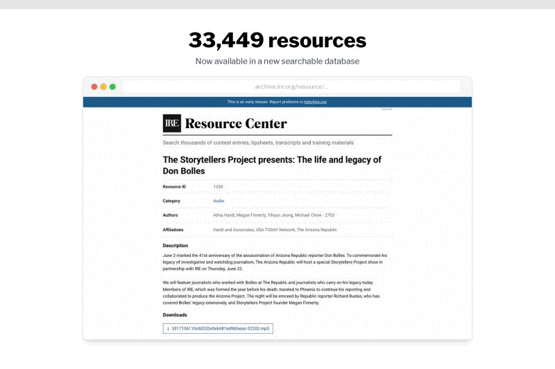 Animated screenshots of the IRE archive search engine.
